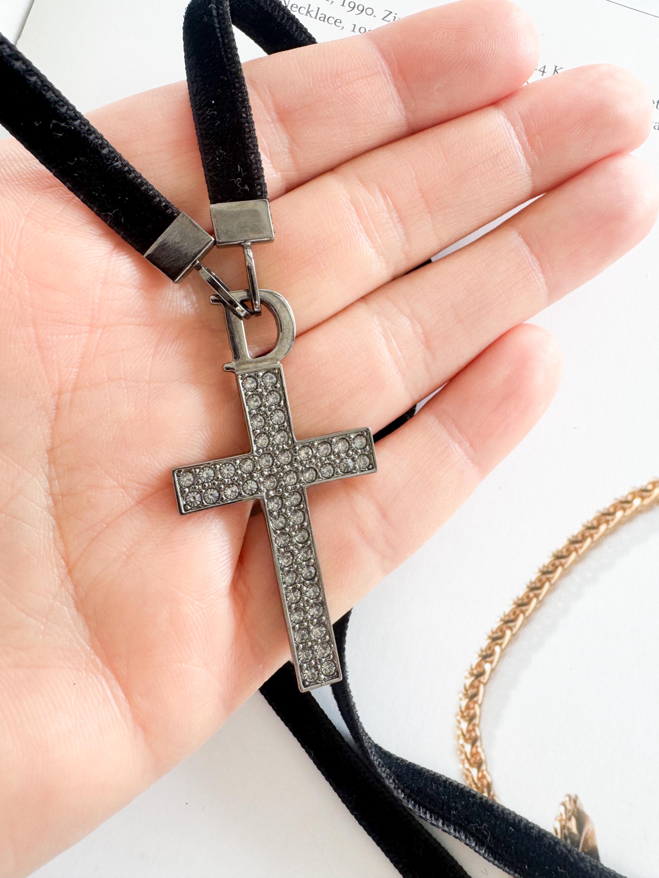 Vintage Christian Dior cross Choker Black Tone,  Dior Cross Necklace, Gift for her, Best Friend Gift, Modern Bridal Necklace Cross Pendant
