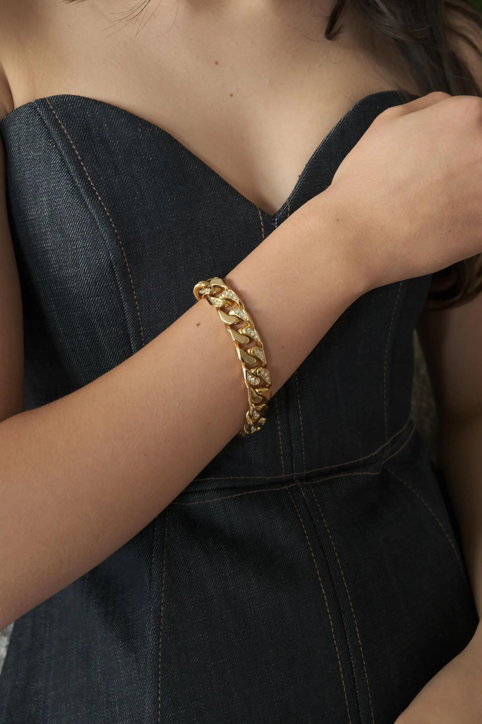 Vintage 1980s Christian Dior Gold-Plated Chain Link Bracelet with Beaded Crystals – Authentic Dior Jewelry, Rare Galliano Era Design