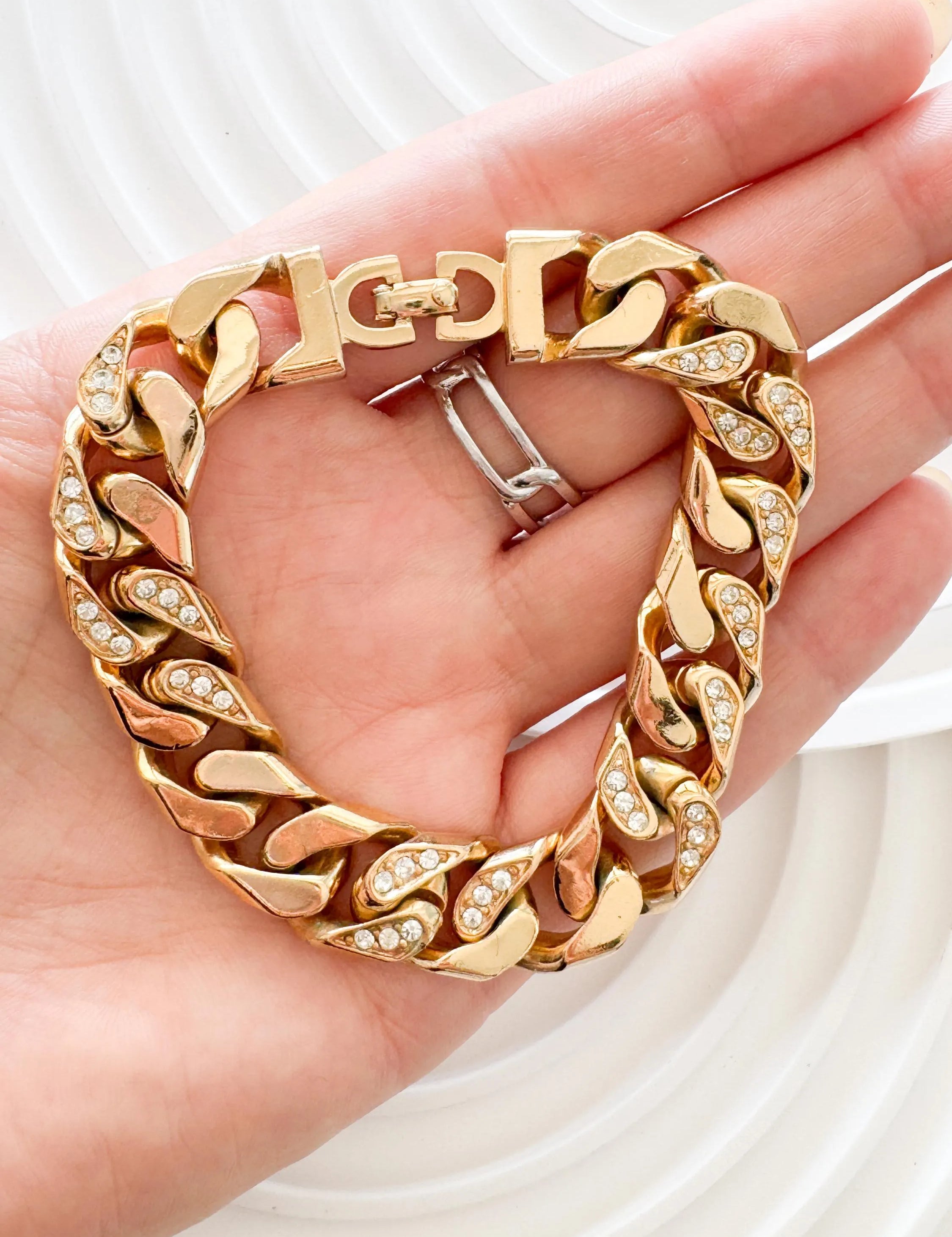 Vintage 1980s Christian Dior Gold-Plated Chain Link Bracelet with Beaded Crystals – Authentic Dior Jewelry, Rare Galliano Era Design