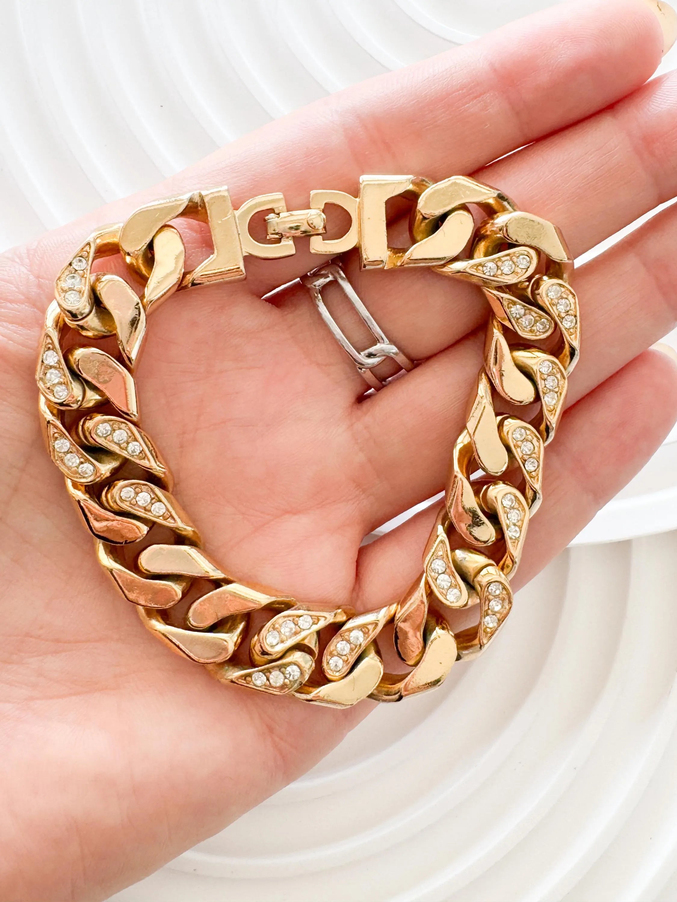Vintage 1980s Christian Dior Gold-Plated Chain Link Bracelet with Beaded Crystals – Authentic Dior Jewelry, Rare Galliano Era Design