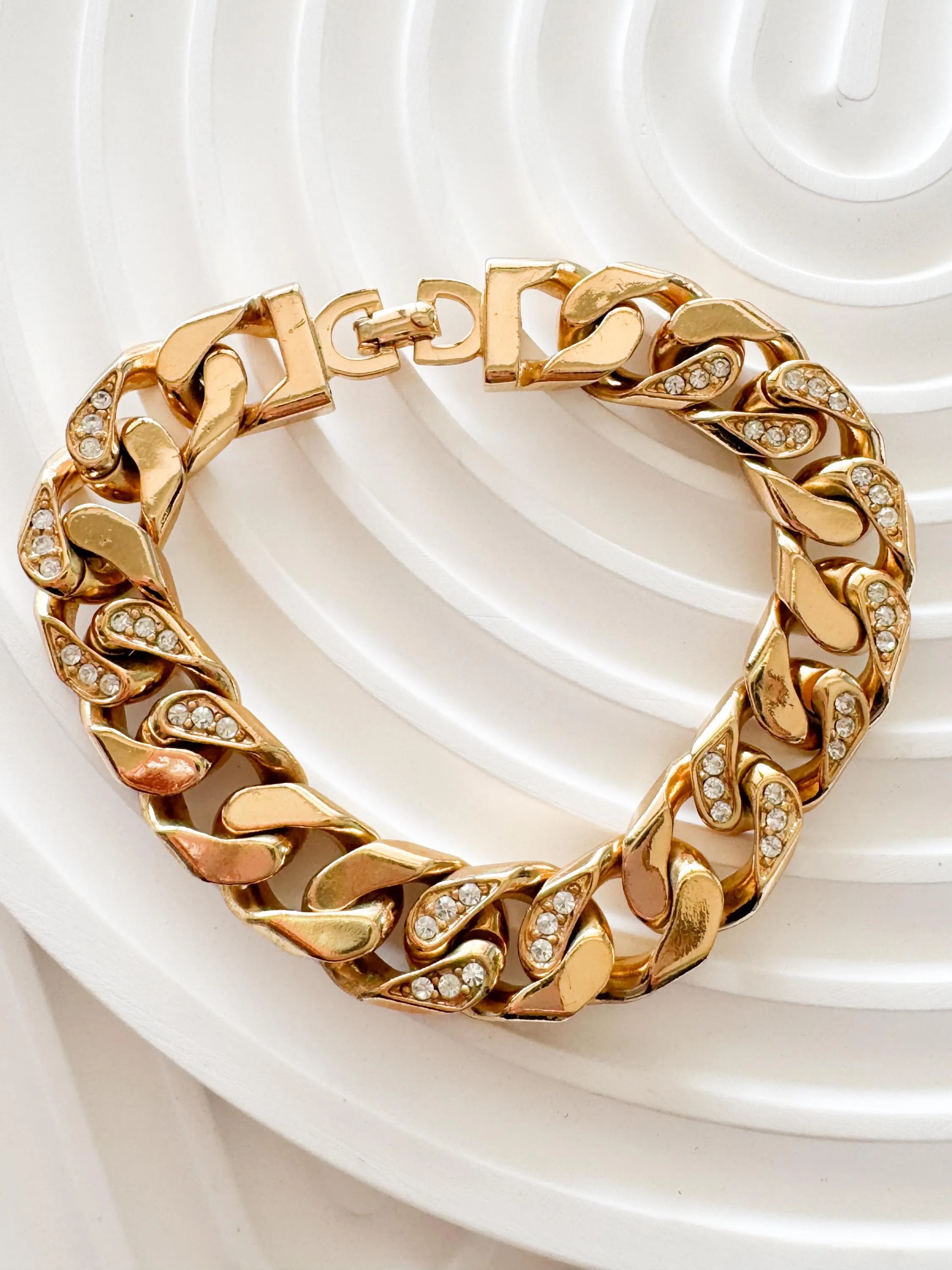 Vintage 1980s Christian Dior Gold-Plated Chain Link Bracelet with Beaded Crystals – Authentic Dior Jewelry, Rare Galliano Era Design