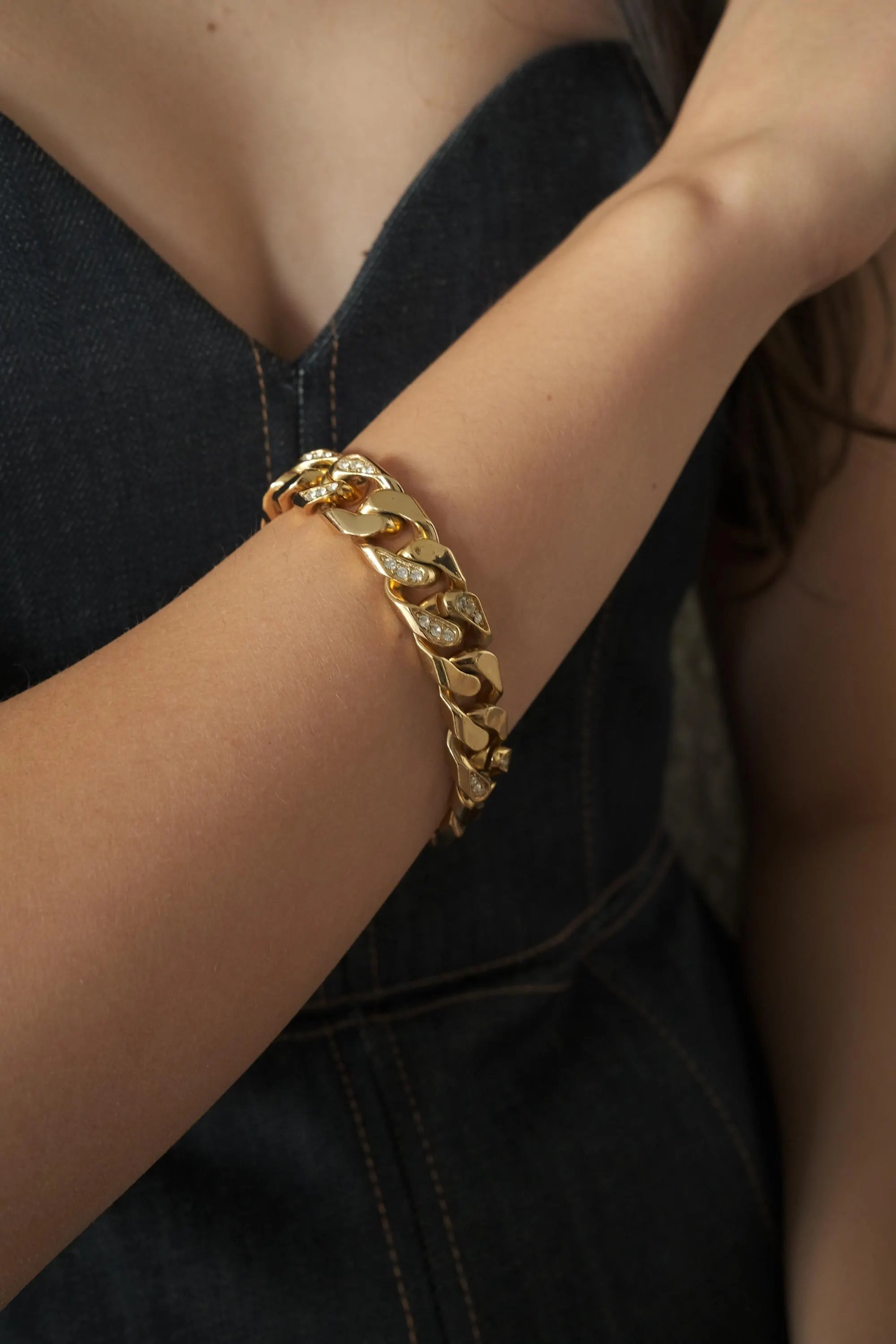 Vintage 1980s Christian Dior Gold-Plated Chain Link Bracelet with Beaded Crystals – Authentic Dior Jewelry, Rare Galliano Era Design