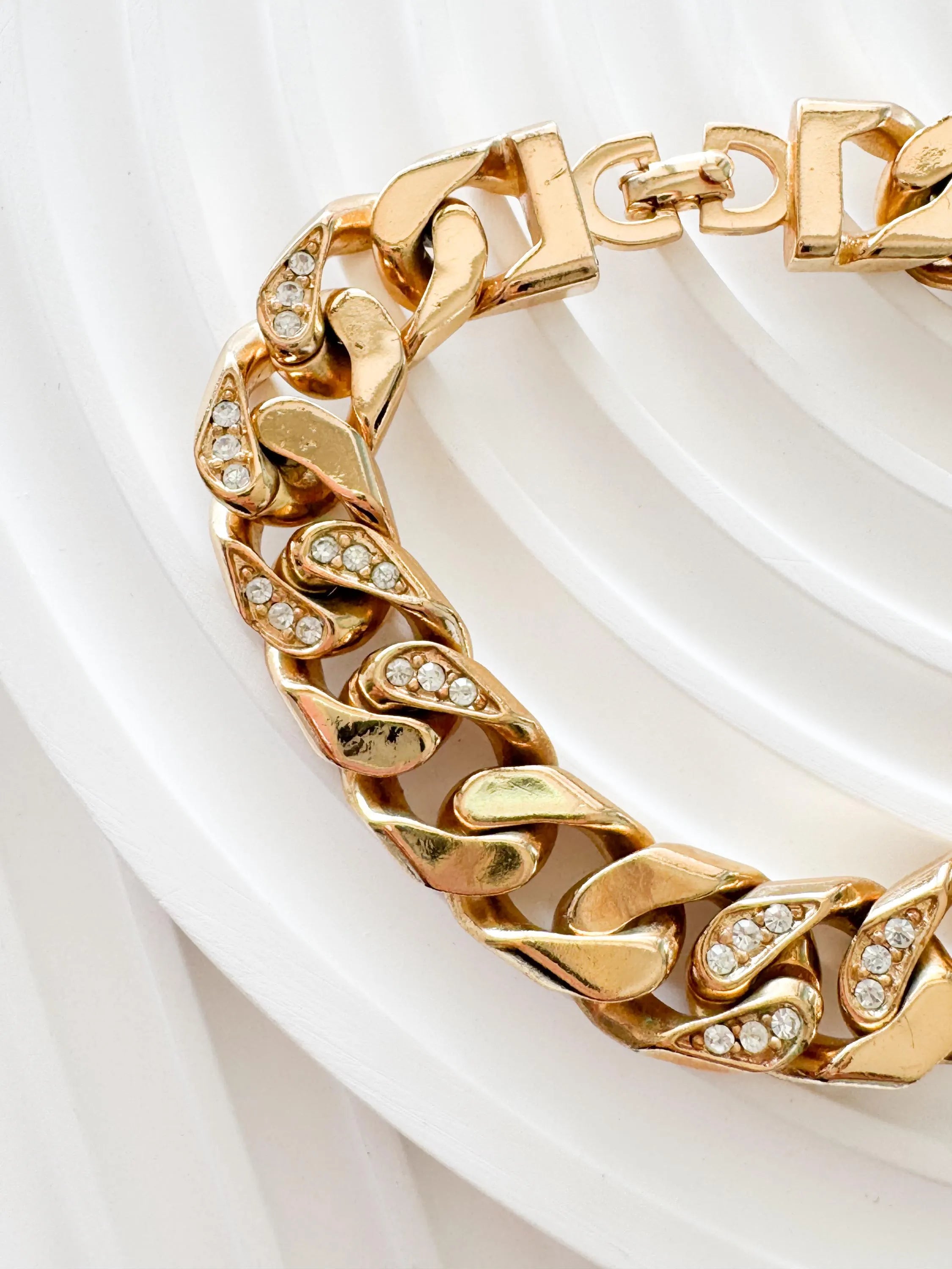 Vintage 1980s Christian Dior Gold-Plated Chain Link Bracelet with Beaded Crystals – Authentic Dior Jewelry, Rare Galliano Era Design