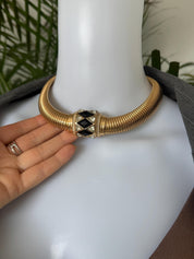 Christian Dior vintage gold-tone choker necklace with black and clear crystal charm, elegant designer jewelry