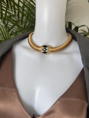 Christian Dior vintage gold-tone choker necklace with black and clear crystal charm, elegant designer jewelry