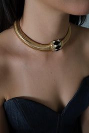Christian Dior vintage gold-tone choker necklace with black and clear crystal charm, elegant designer jewelry