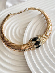 Christian Dior vintage gold-tone choker necklace with black and clear crystal charm, elegant designer jewelry