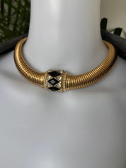 Christian Dior vintage gold-tone choker necklace with black and clear crystal charm, elegant designer jewelry