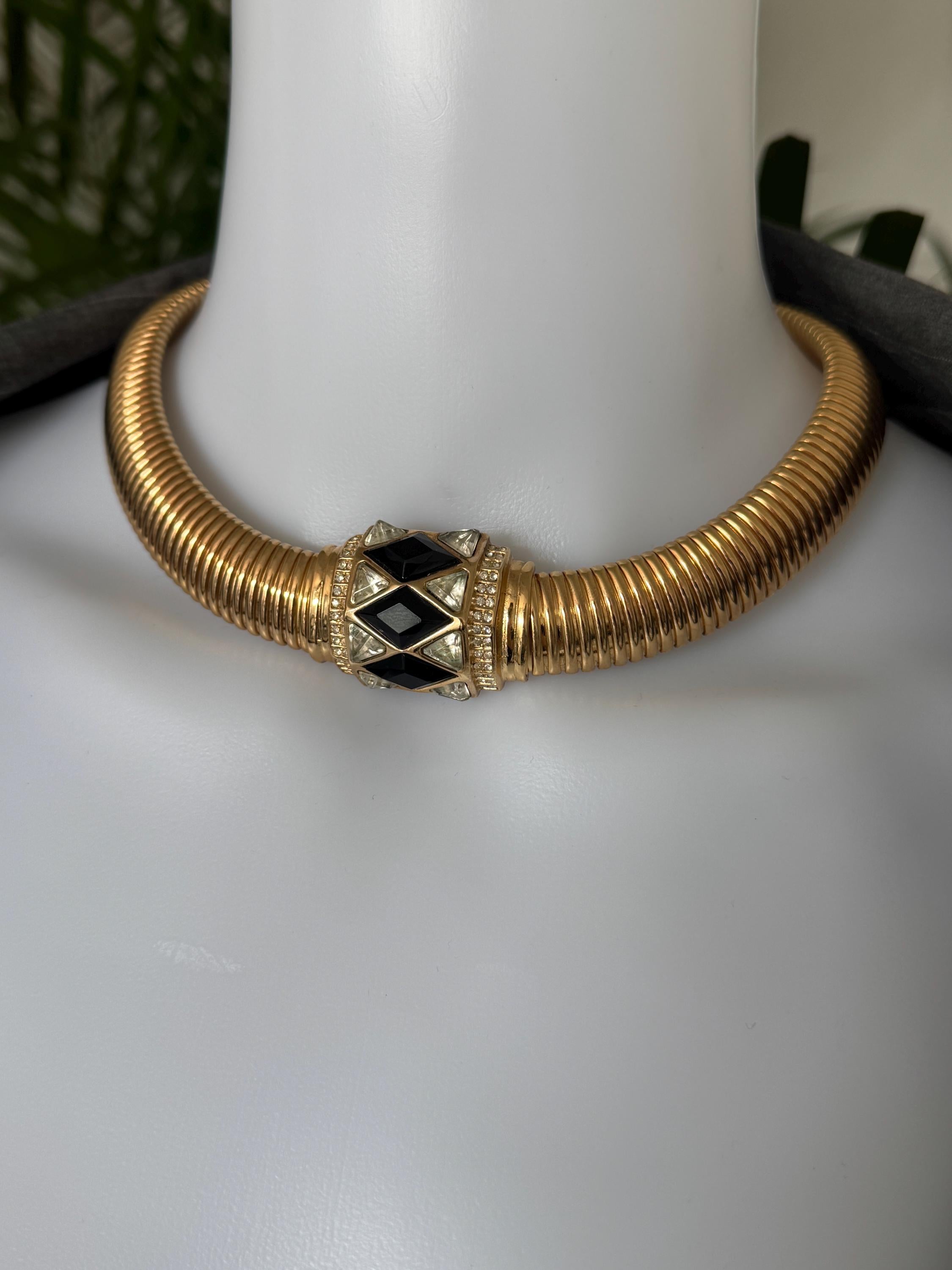 Christian Dior vintage gold-tone choker necklace with black and clear crystal charm, elegant designer jewelry