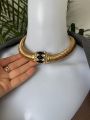 Christian Dior vintage gold-tone choker necklace with black and clear crystal charm, elegant designer jewelry