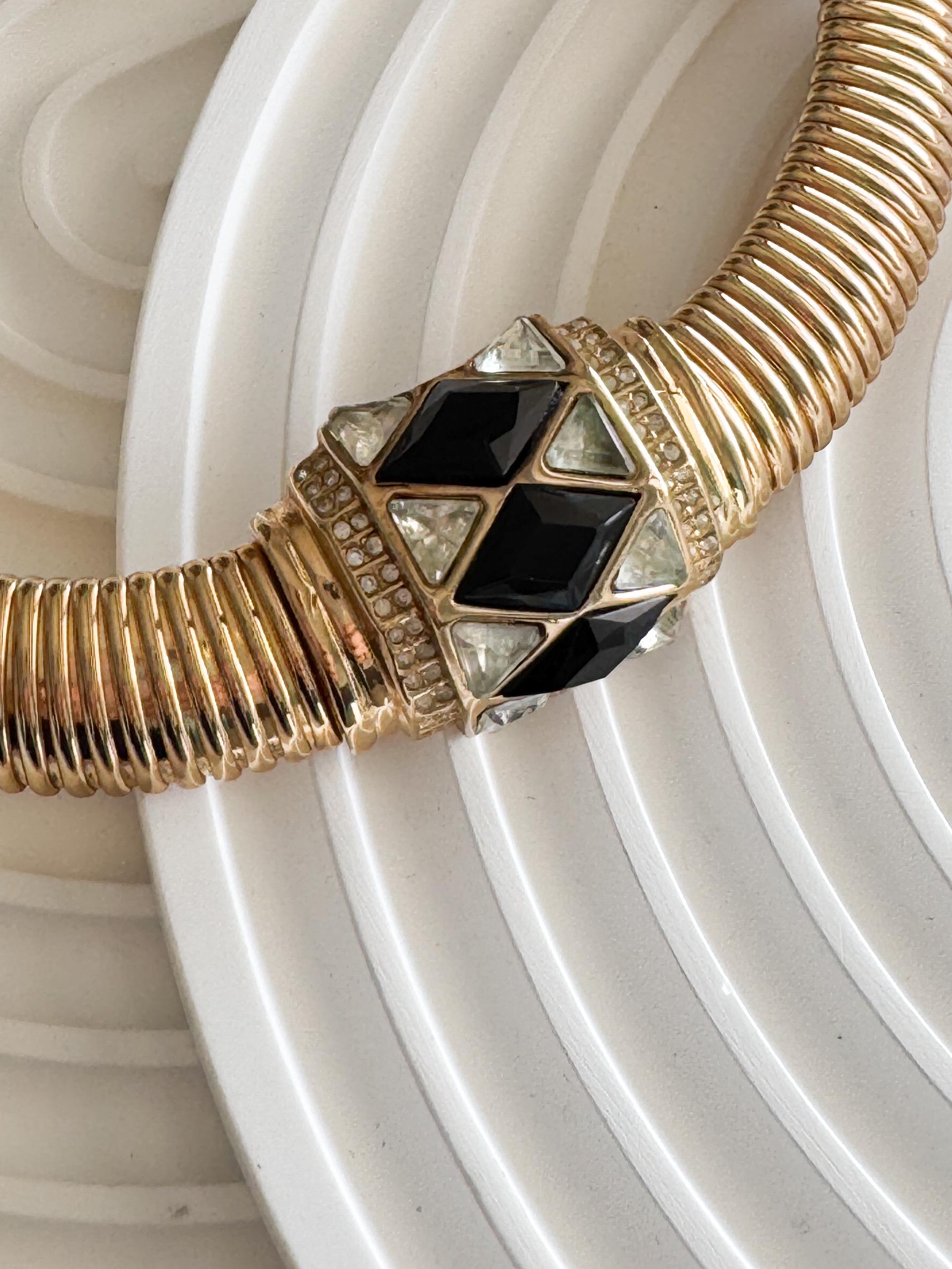 Christian Dior vintage gold-tone choker necklace with black and clear crystal charm, elegant designer jewelry
