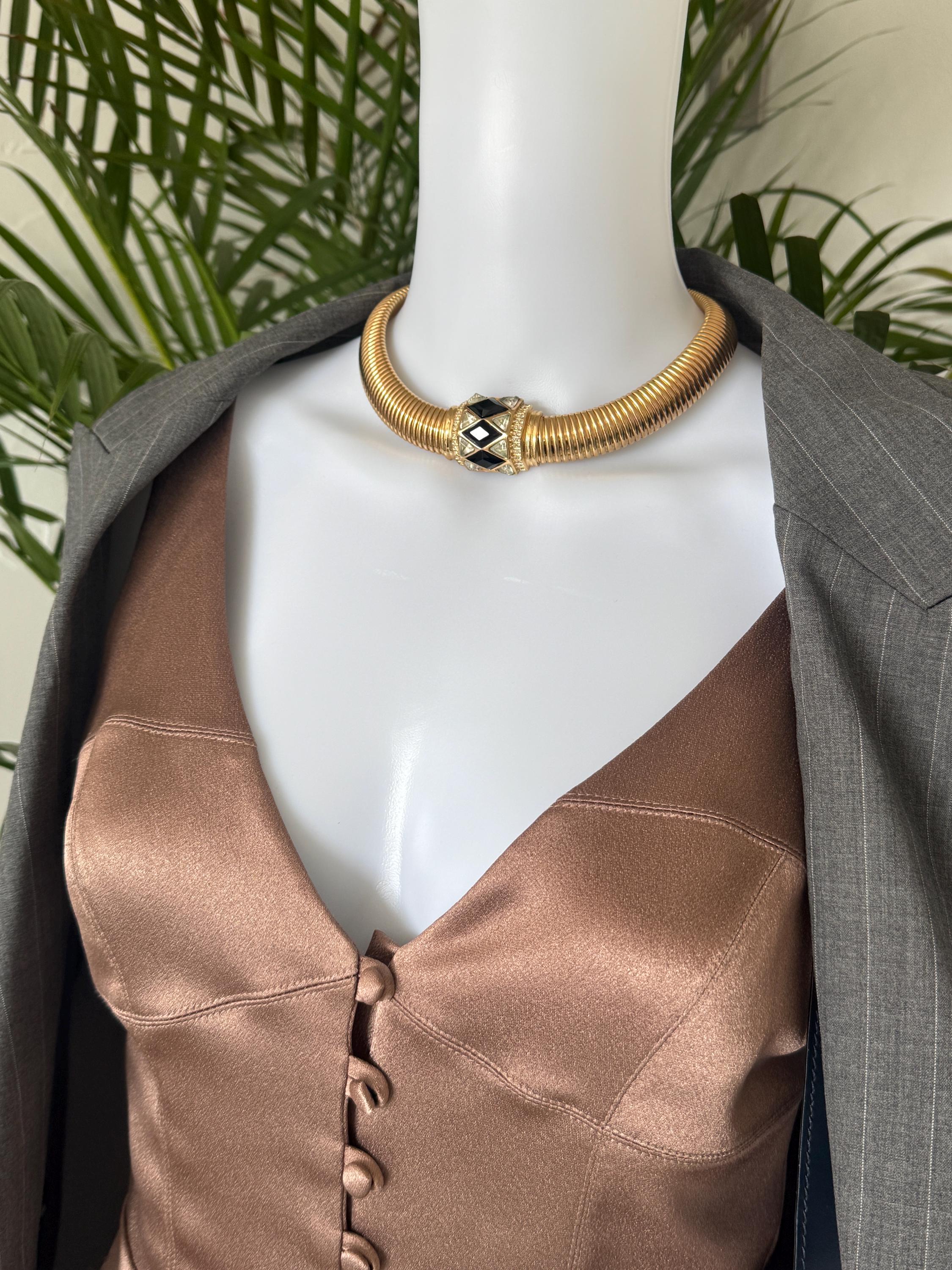 Christian Dior vintage gold-tone choker necklace with black and clear crystal charm, elegant designer jewelry