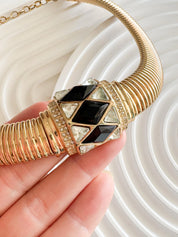 Christian Dior vintage gold-tone choker necklace with black and clear crystal charm, elegant designer jewelry