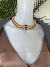 Christian Dior vintage gold-tone choker necklace with black and clear crystal charm, elegant designer jewelry