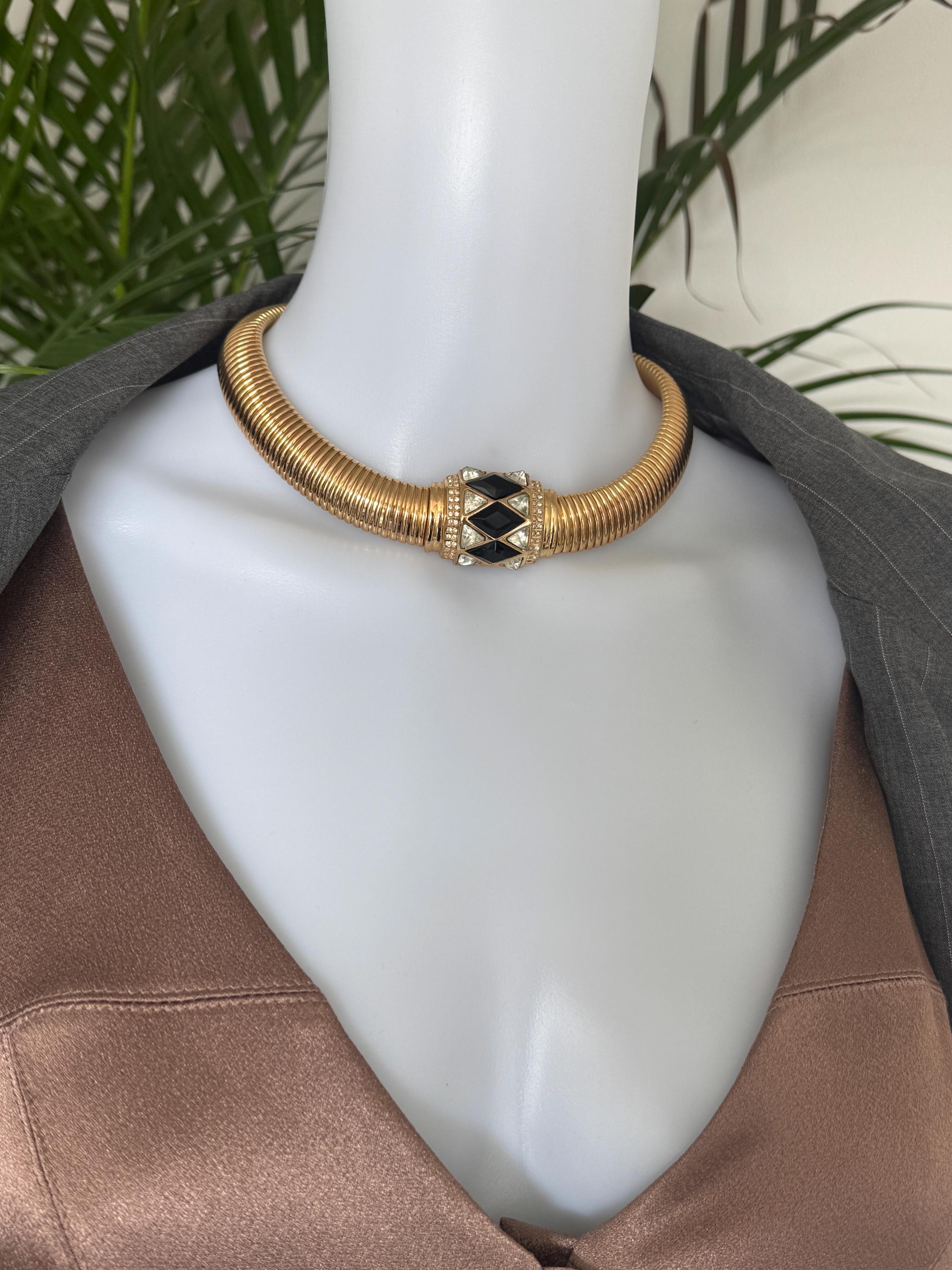 Christian Dior vintage gold-tone choker necklace with black and clear crystal charm, elegant designer jewelry