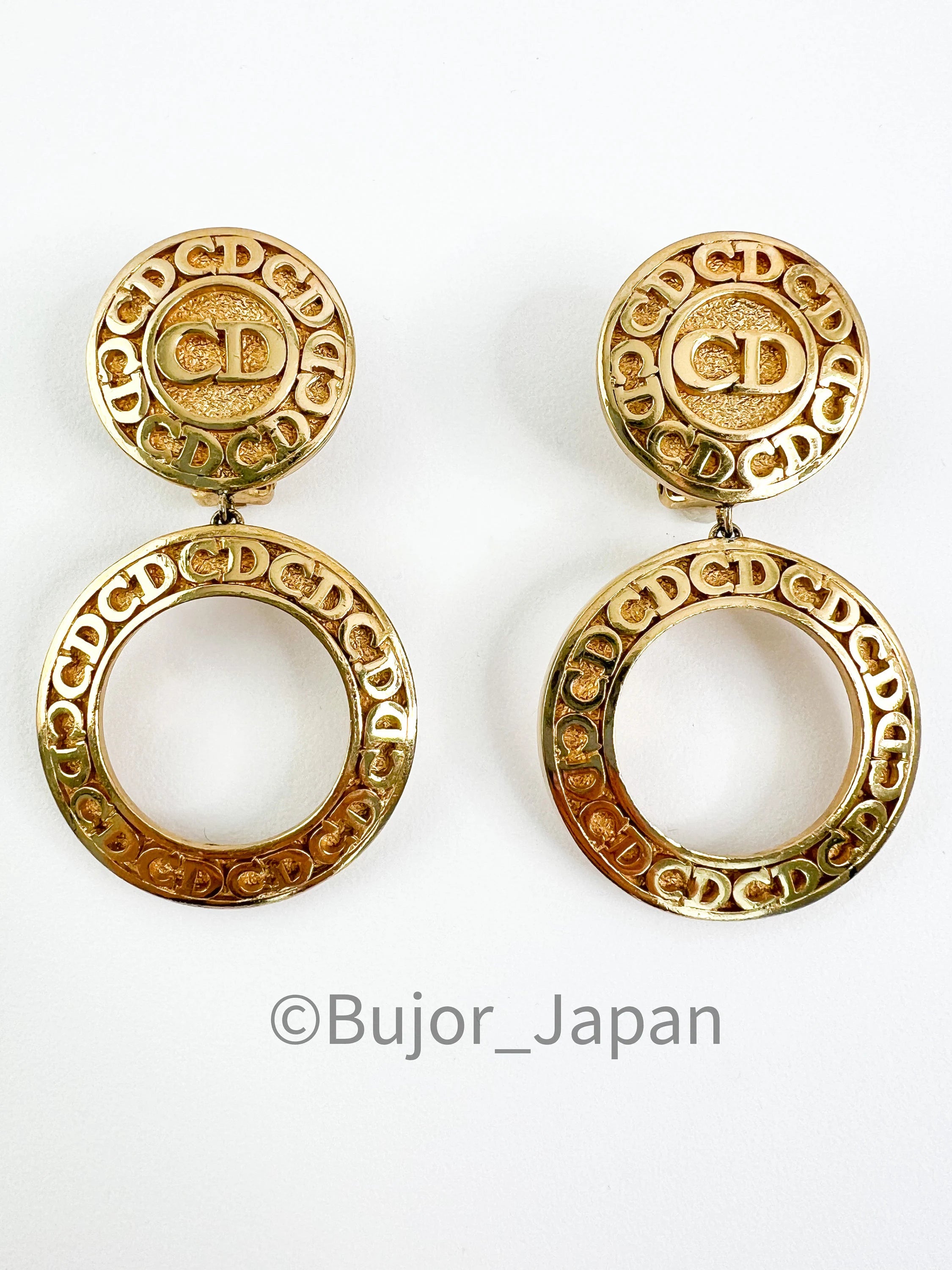 Vintage Christian Dior logo Earrings, Clip on Hoop Earrings, Dior Dangle Drop Earrings, Gold Tone Earrings, Gift for her, Jewelry for women