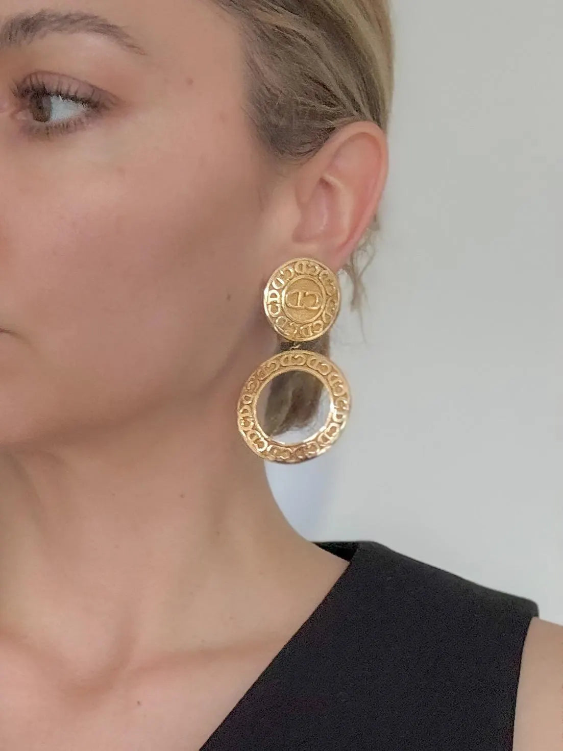 Vintage Christian Dior logo Earrings, Clip on Hoop Earrings, Dior Dangle Drop Earrings, Gold Tone Earrings, Gift for her, Jewelry for women
