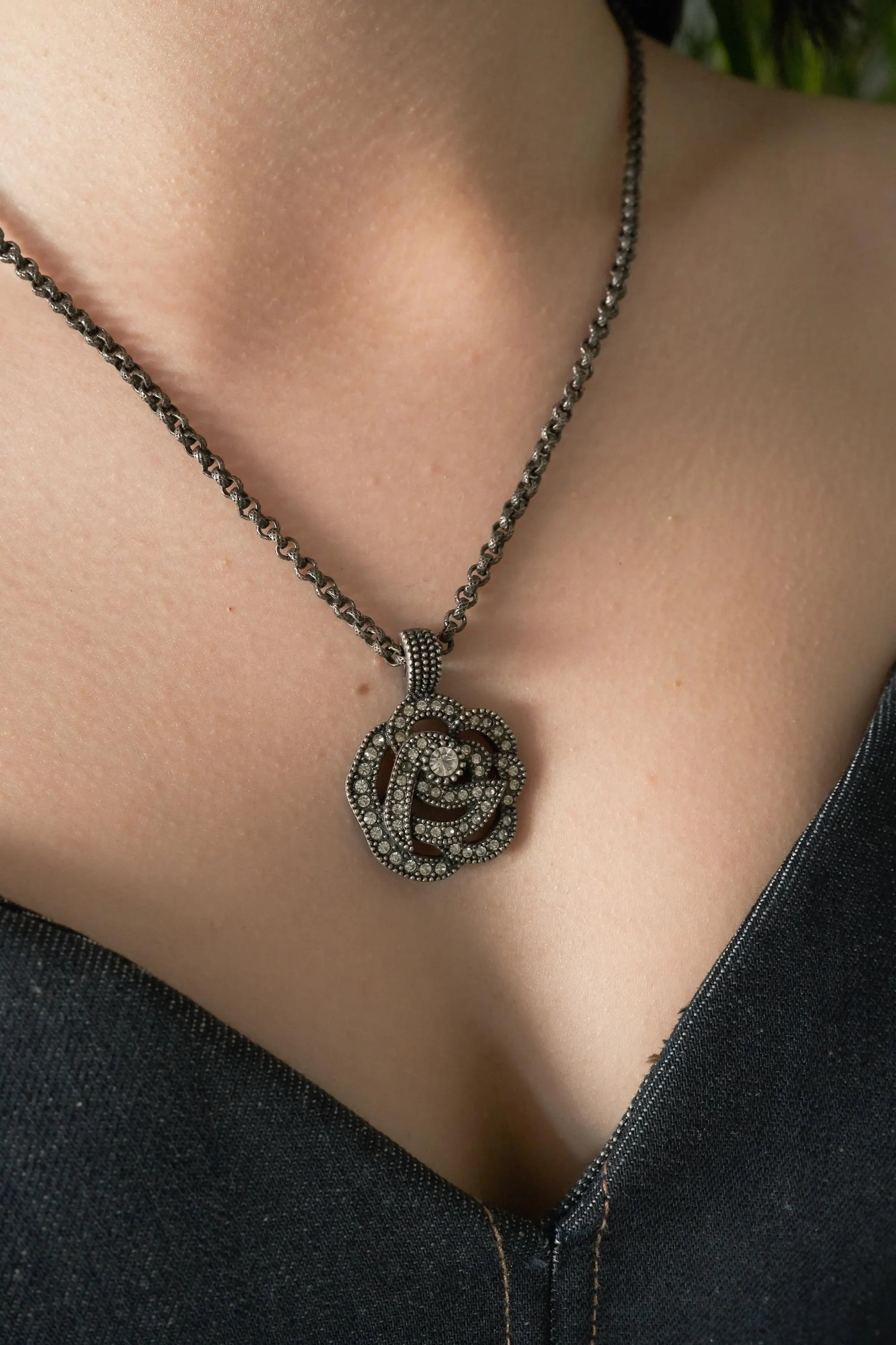 Vintage Christian Dior Black Tone Pendant, Dior Victorian Necklace, Dior Necklace Rose, Gift for her, Best Friend Gift, Gothic Necklace