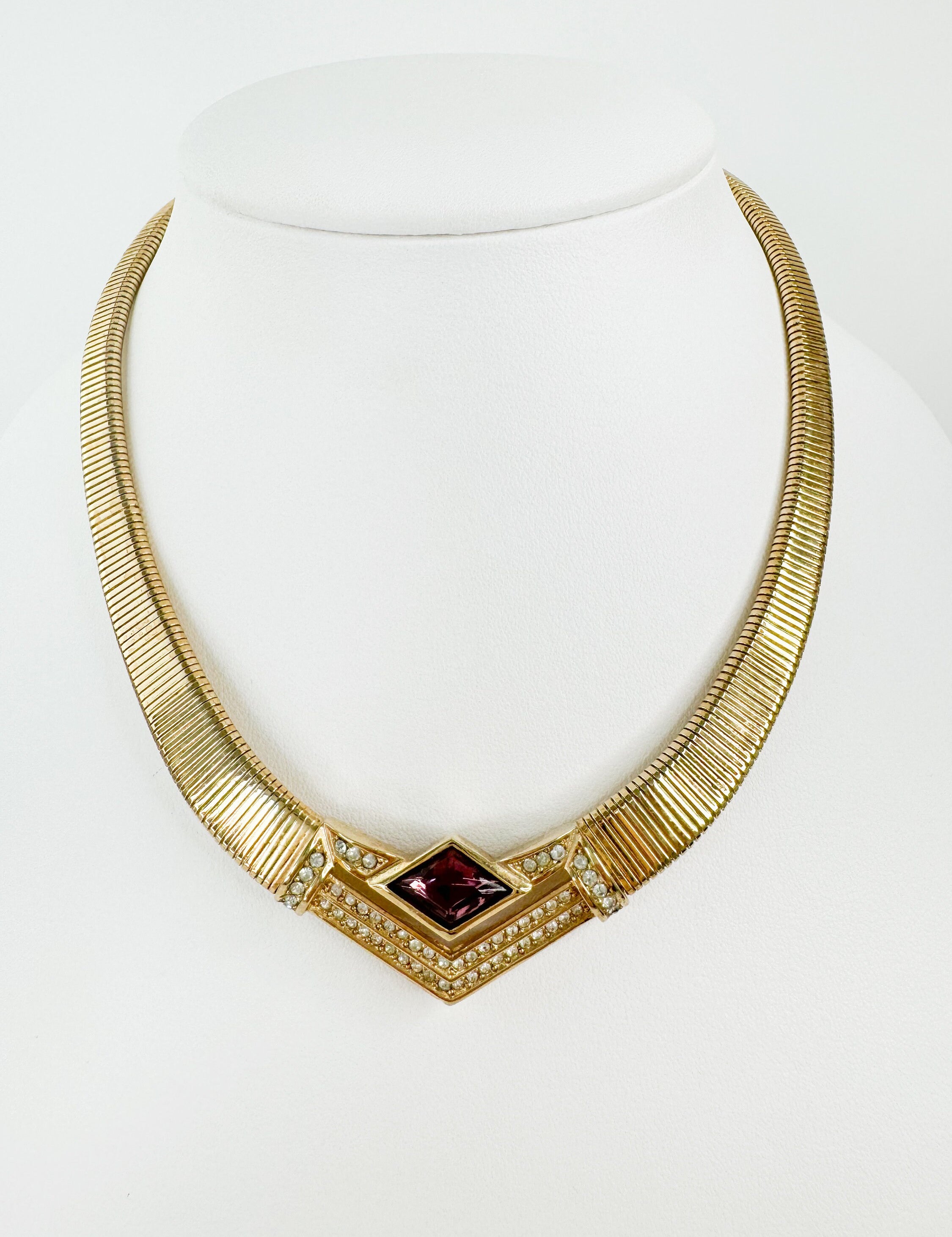 Vintage Christian Dior Necklace, Choker Necklace Gold, Vintage Gaspipe necklace Purple  Bridal Jewelry, Wedding Jewelry, Vintage Rhinestones