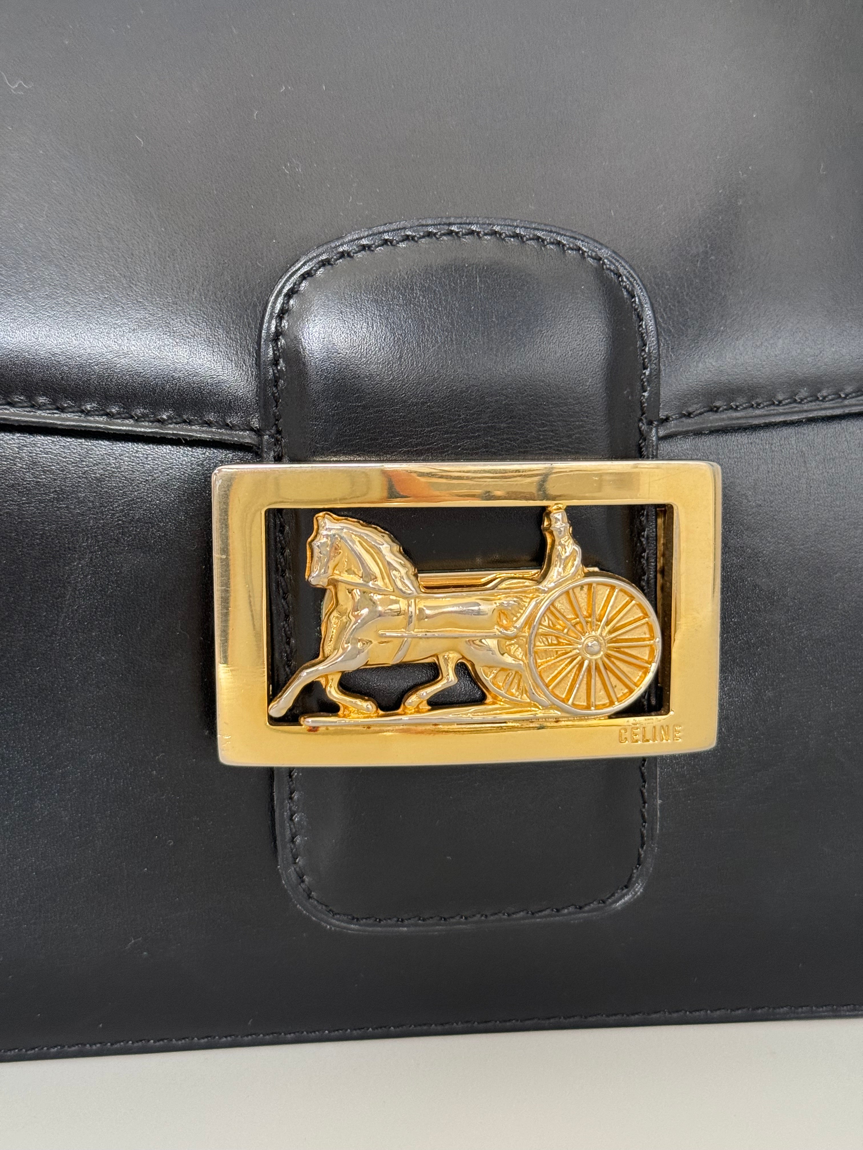 Vintage Celine bag, Celine Paris Horse carriage Shoulder Bag Black