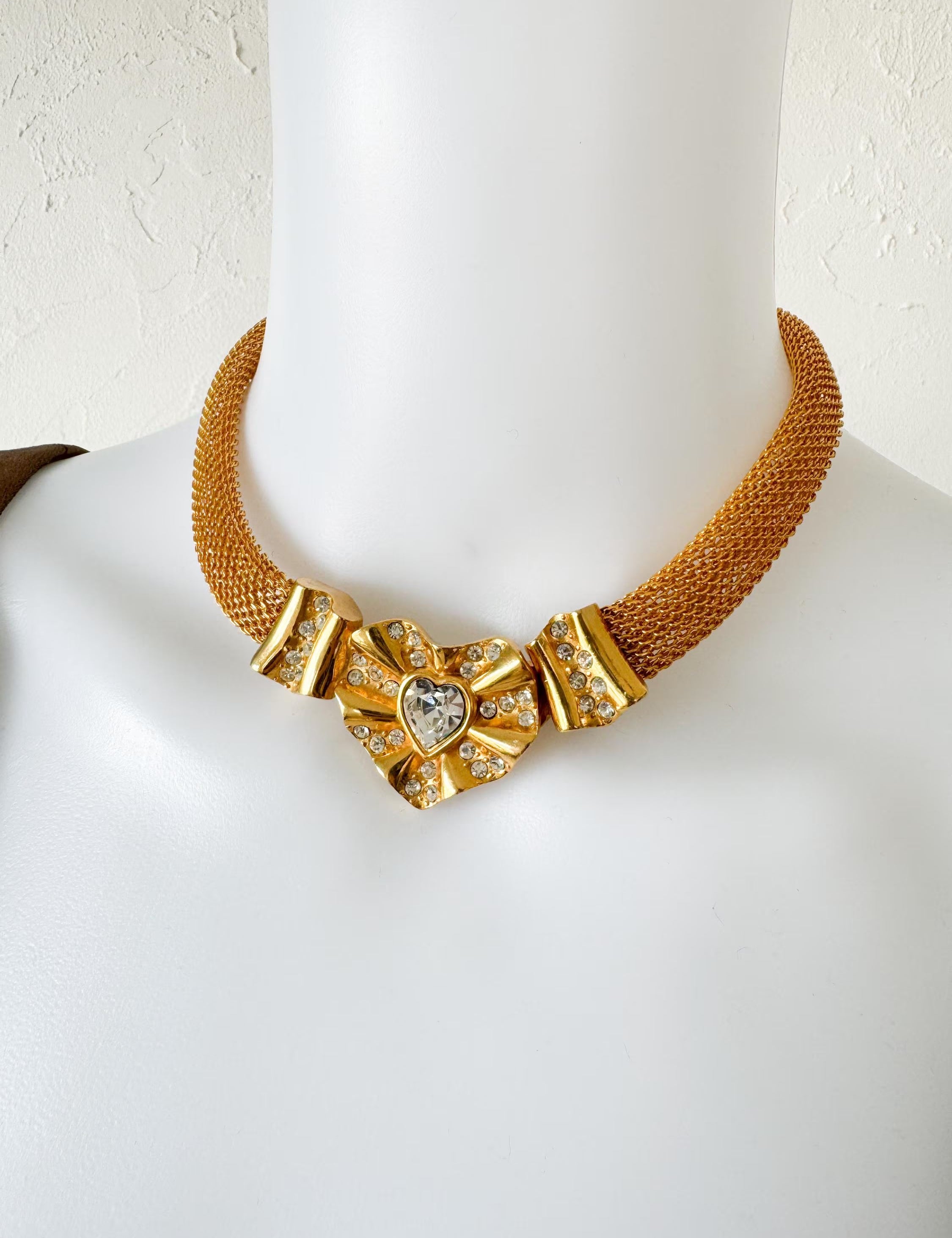 Vintage Givenchy Necklace, Chunky Choker Necklace, heart Givenchy, Designer High End Jewelry, 80s Vintage Gold mesh Necklace Gorgeous