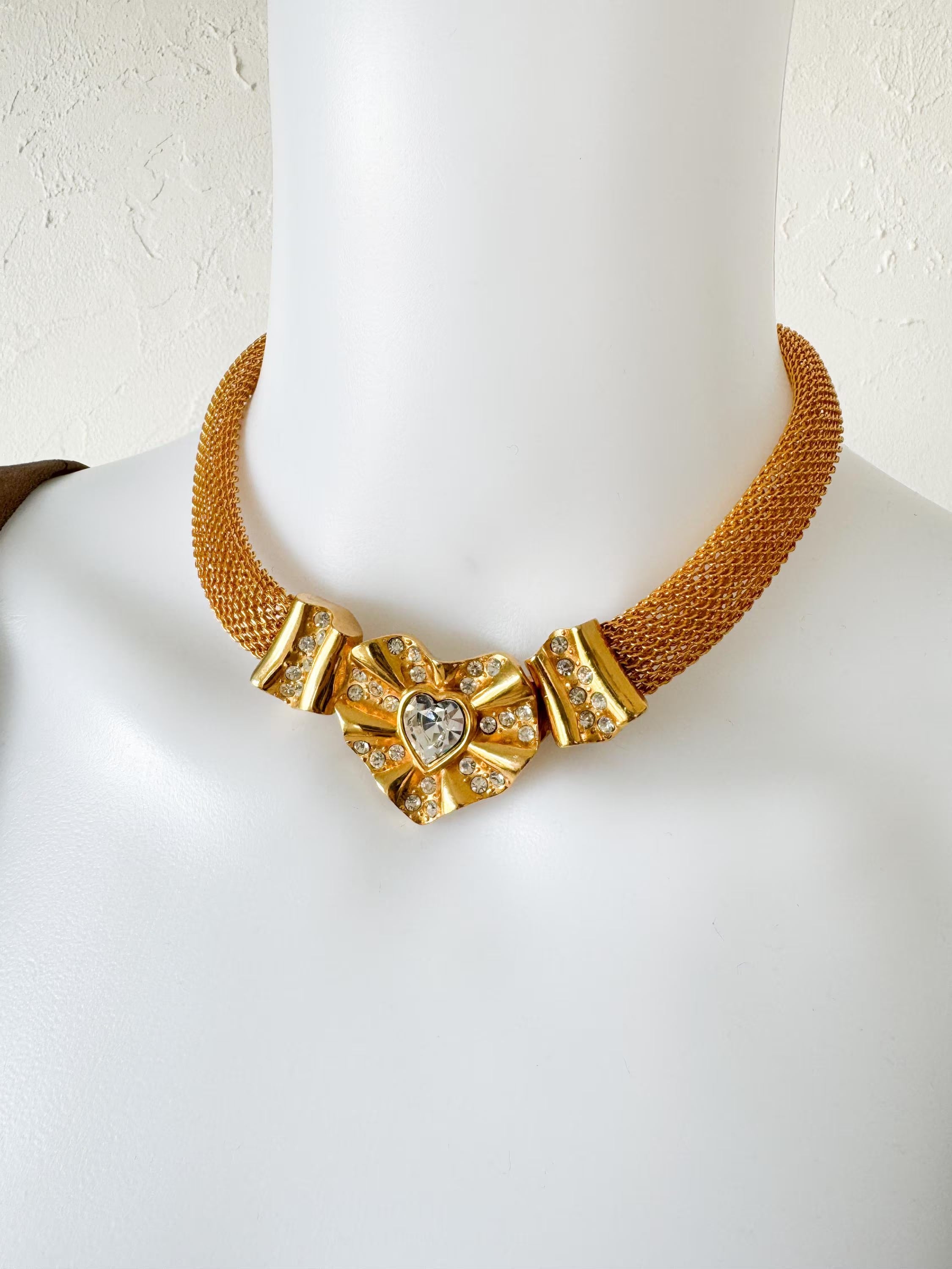 Vintage Givenchy Necklace, Chunky Choker Necklace, heart Givenchy, Designer High End Jewelry, 80s Vintage Gold mesh Necklace Gorgeous