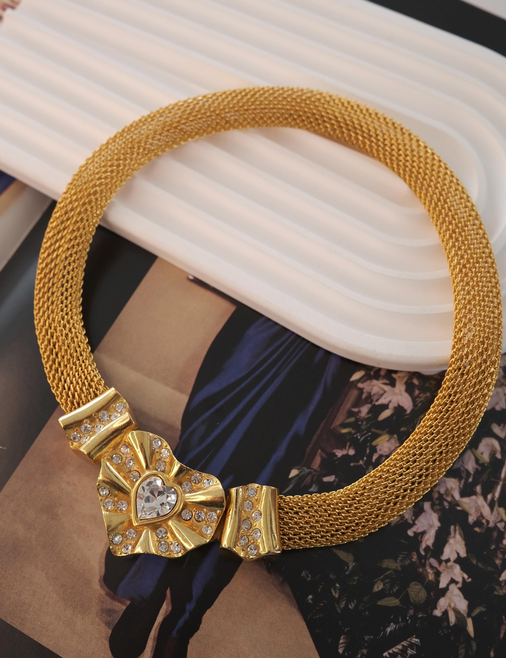 Vintage Givenchy Necklace, Chunky Choker Necklace, heart Givenchy, Designer High End Jewelry, 80s Vintage Gold mesh Necklace Gorgeous