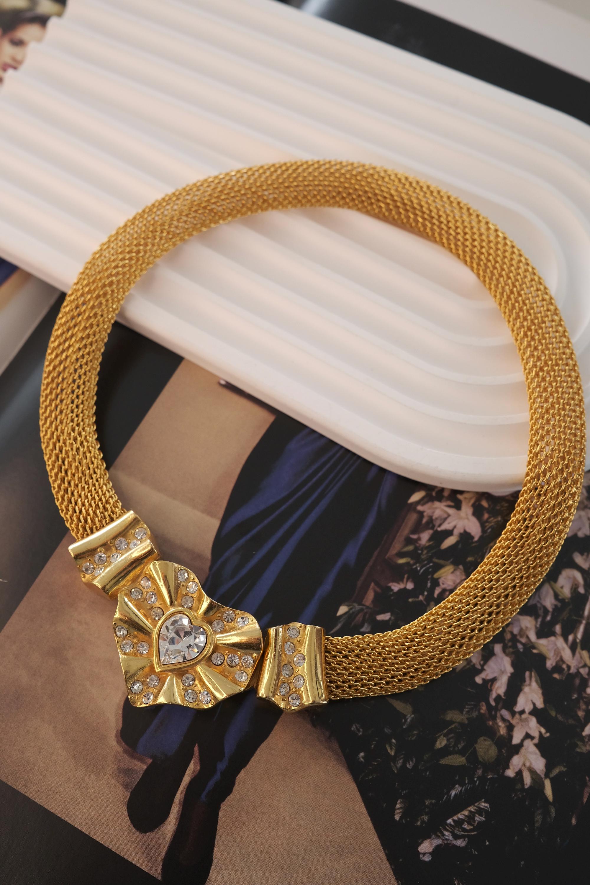 Vintage Givenchy Necklace, Chunky Choker Necklace, heart Givenchy, Designer High End Jewelry, 80s Vintage Gold mesh Necklace Gorgeous