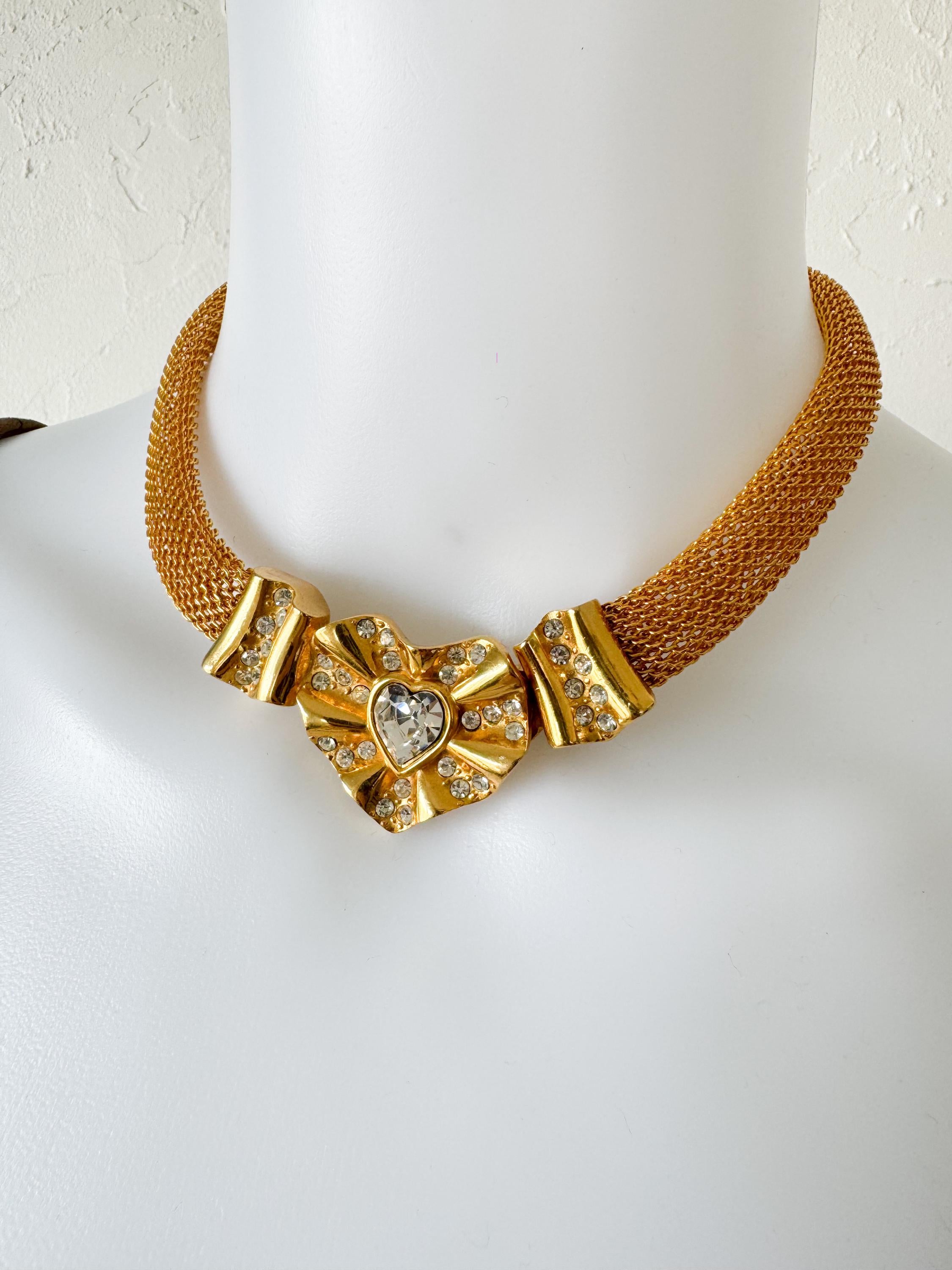 Vintage Givenchy Necklace, Chunky Choker Necklace, heart Givenchy, Designer High End Jewelry, 80s Vintage Gold mesh Necklace Gorgeous