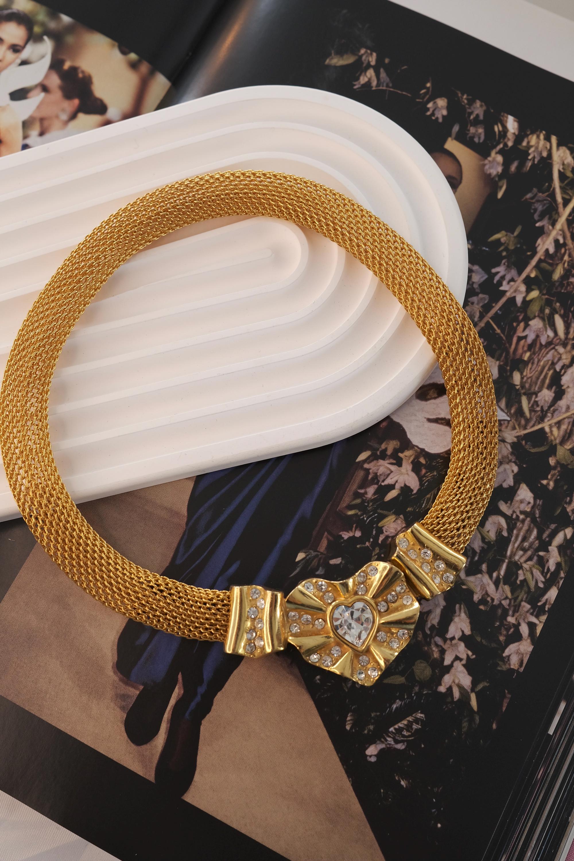 Vintage Givenchy Necklace, Chunky Choker Necklace, heart Givenchy, Designer High End Jewelry, 80s Vintage Gold mesh Necklace Gorgeous