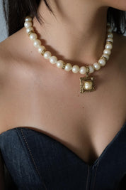 Vintage Givenchy Pearl Necklace • Gold Tone Pendant, 42cm Choker