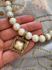 Vintage Givenchy Pearl Necklace • Gold Tone Pendant, 42cm Choker