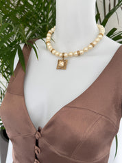 Vintage Givenchy Pearl Necklace • Gold Tone Pendant, 42cm Choker