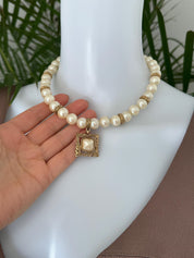 Vintage Givenchy Pearl Necklace • Gold Tone Pendant, 42cm Choker