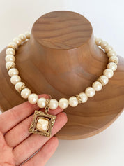 Vintage Givenchy Pearl Necklace • Gold Tone Pendant, 42cm Choker