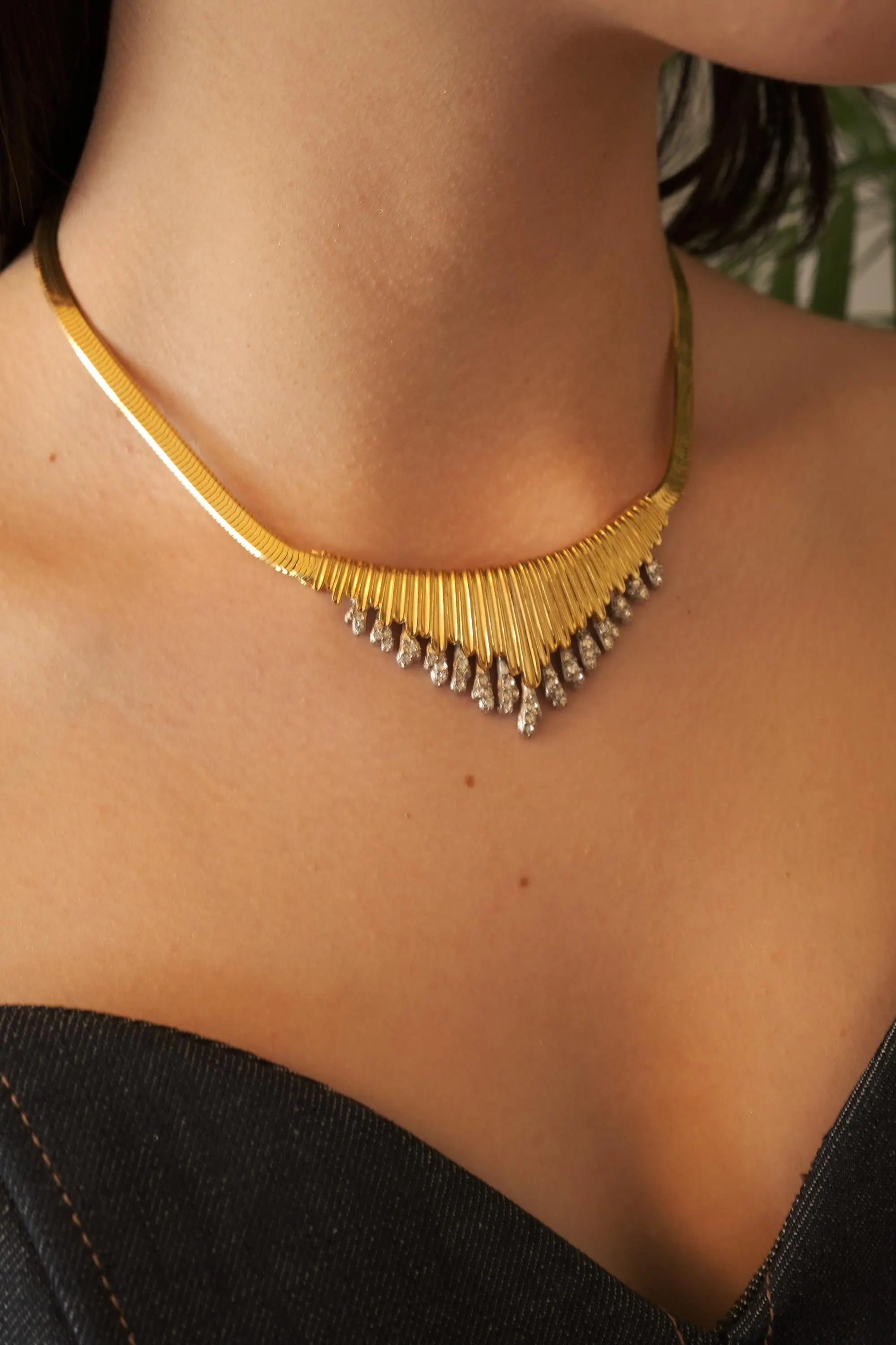 Vintage Givenchy Collar Necklace with Rhinestone Drops – Statement Art Deco Inspired Bib Necklace, Glamorous Evening Jewelry, Gaspipe