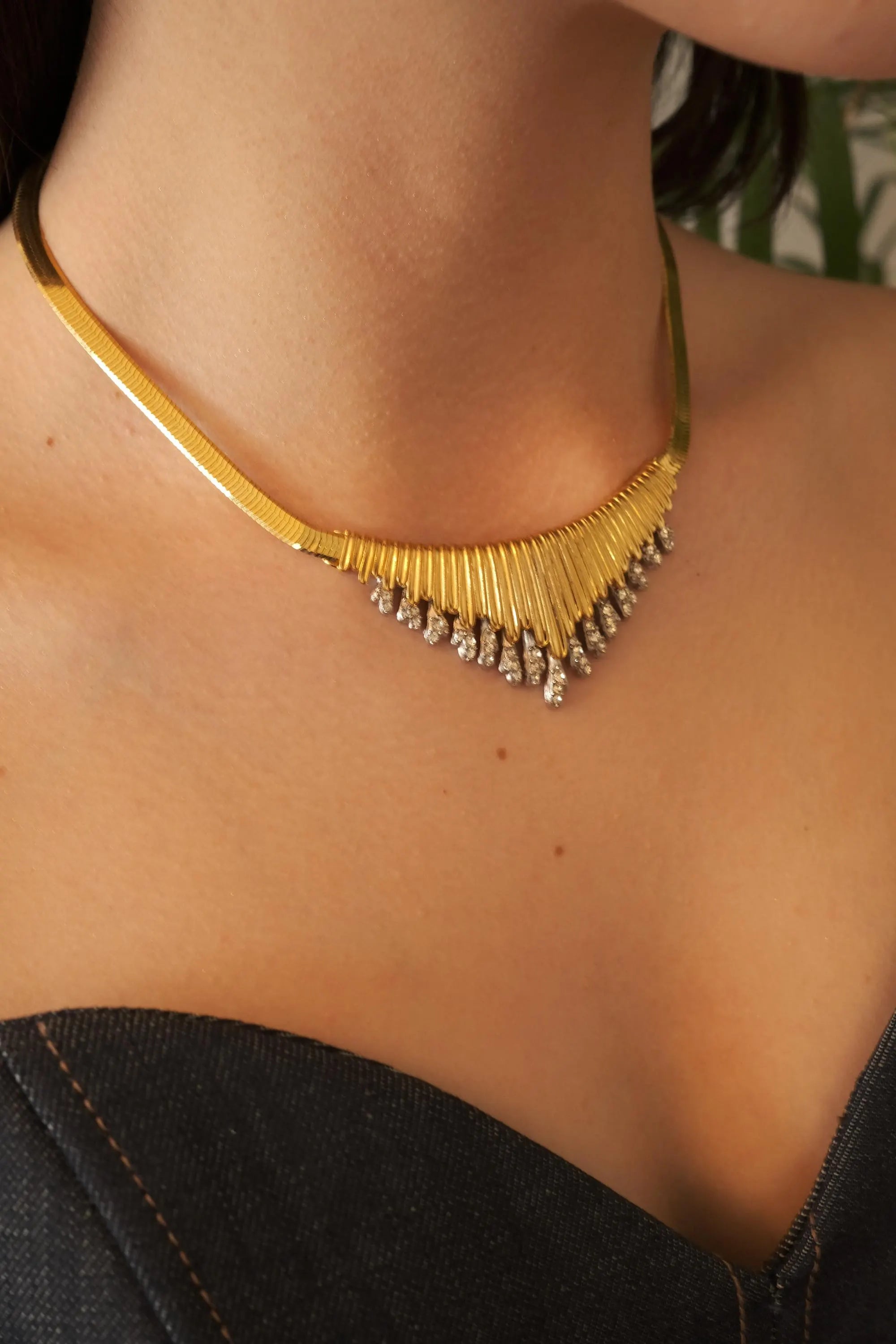 Vintage Givenchy Collar Necklace with Rhinestone Drops – Statement Art Deco Inspired Bib Necklace, Glamorous Evening Jewelry, Gaspipe
