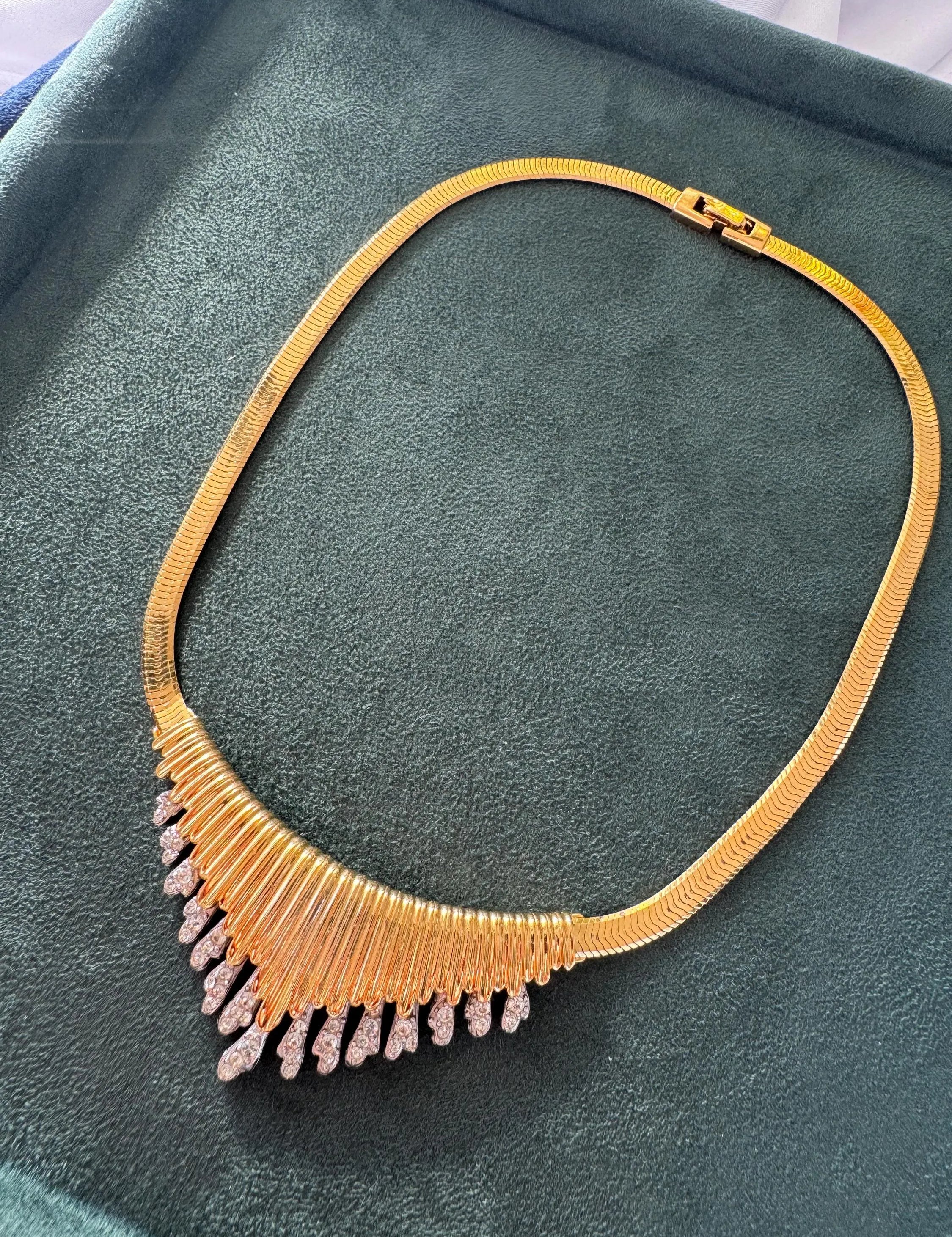 Vintage Givenchy Collar Necklace with Rhinestone Drops – Statement Art Deco Inspired Bib Necklace, Glamorous Evening Jewelry, Gaspipe