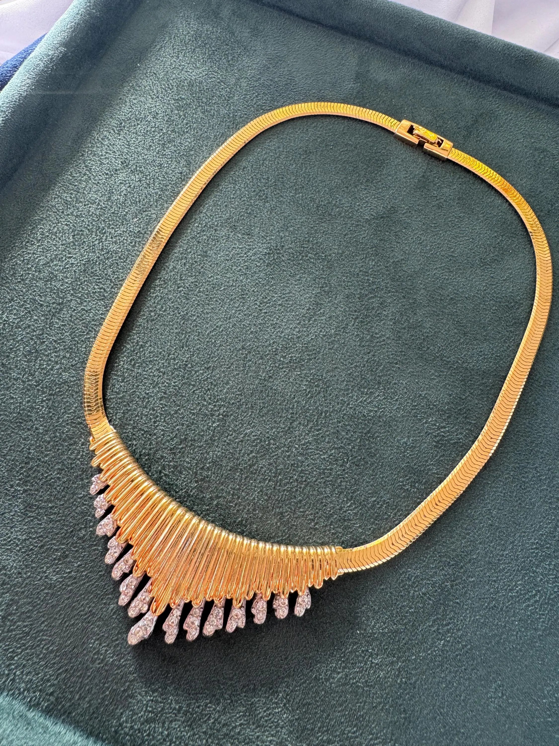 Vintage Givenchy Collar Necklace with Rhinestone Drops – Statement Art Deco Inspired Bib Necklace, Glamorous Evening Jewelry, Gaspipe