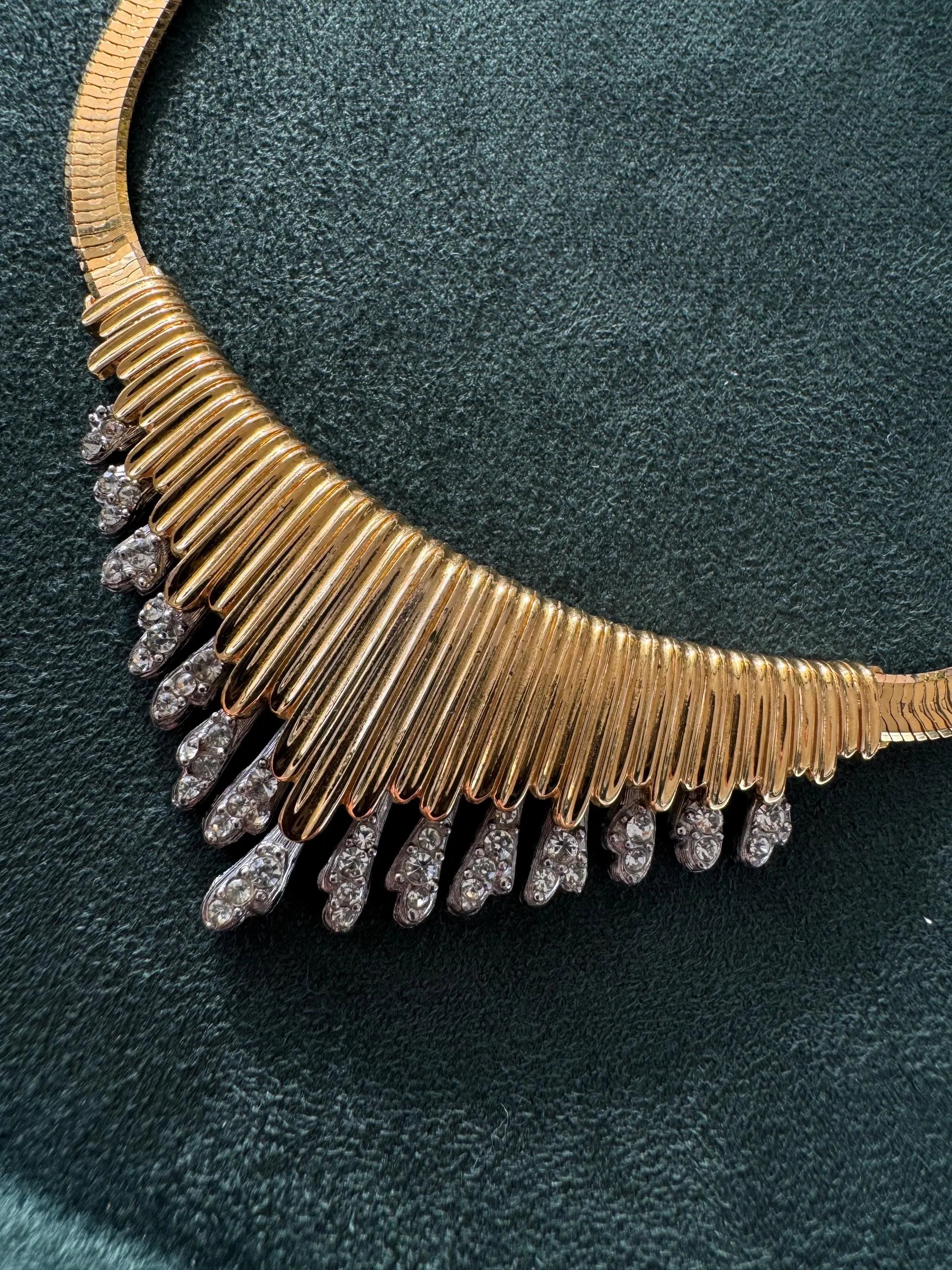 Vintage Givenchy Collar Necklace with Rhinestone Drops – Statement Art Deco Inspired Bib Necklace, Glamorous Evening Jewelry, Gaspipe