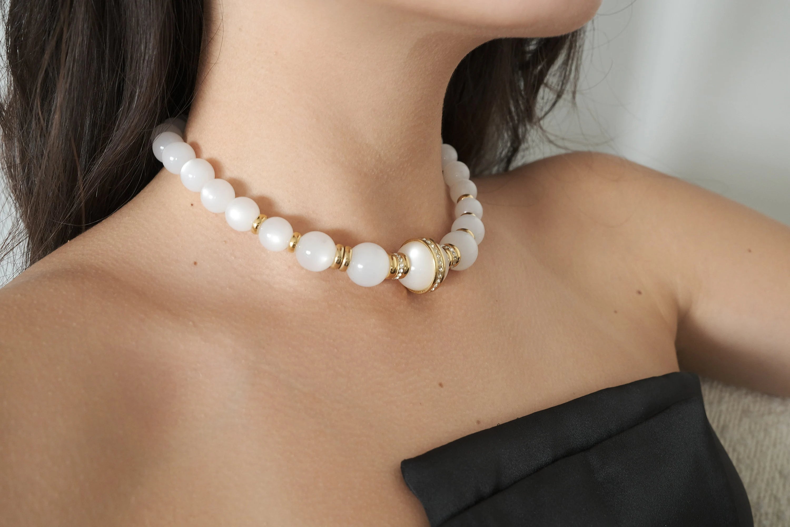 Givenchy Vintage necklace white Glass Lucite choker  beaded Rhinestone Gold   choker, Chain Necklace, Gift for her, Jewelry for women