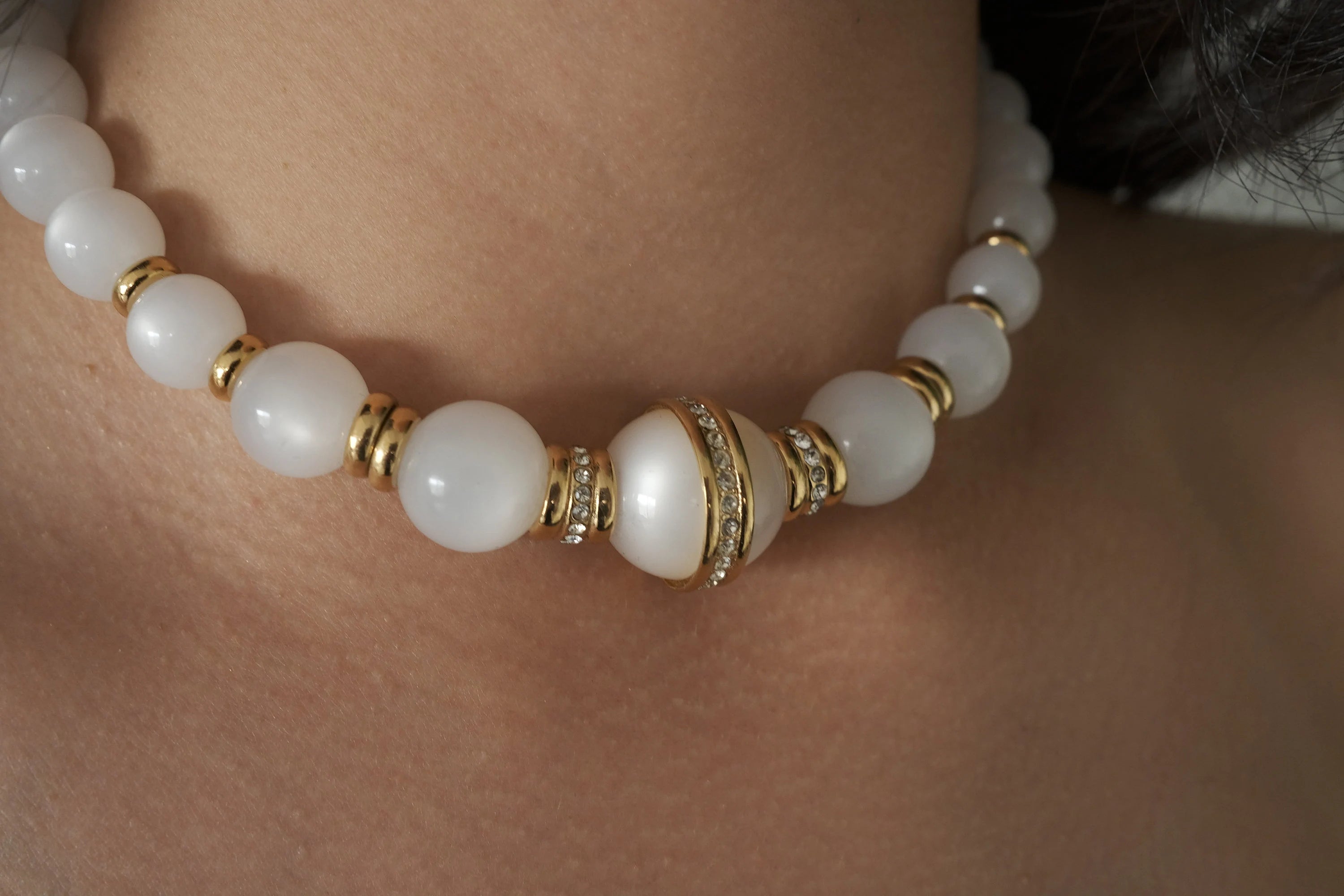 Givenchy Vintage necklace white Glass Lucite choker  beaded Rhinestone Gold   choker, Chain Necklace, Gift for her, Jewelry for women