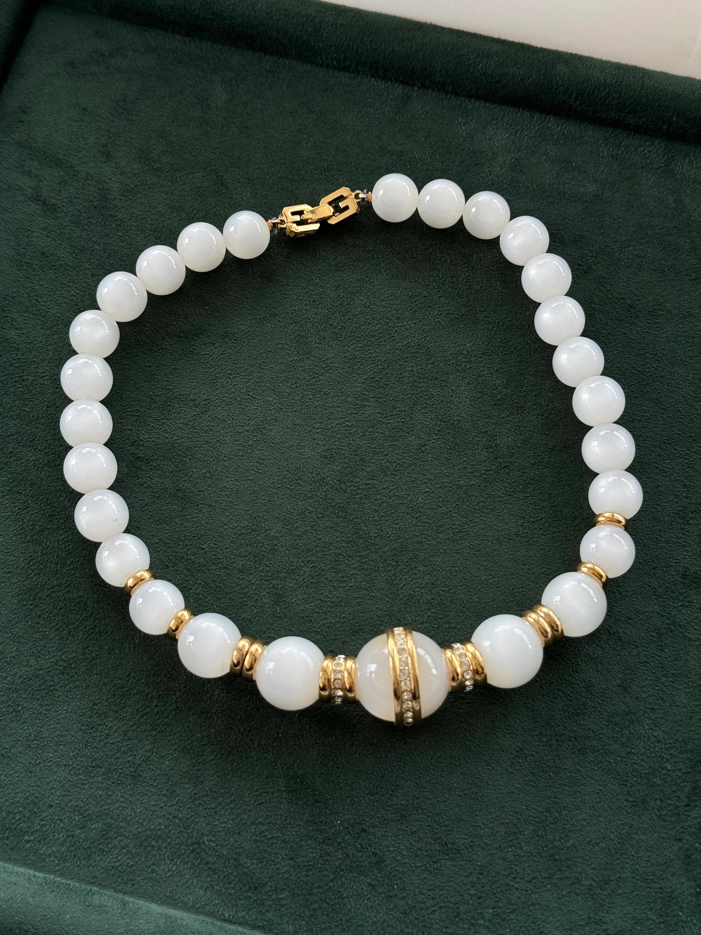 Givenchy Vintage necklace white Glass Lucite choker  beaded Rhinestone Gold   choker, Chain Necklace, Gift for her, Jewelry for women