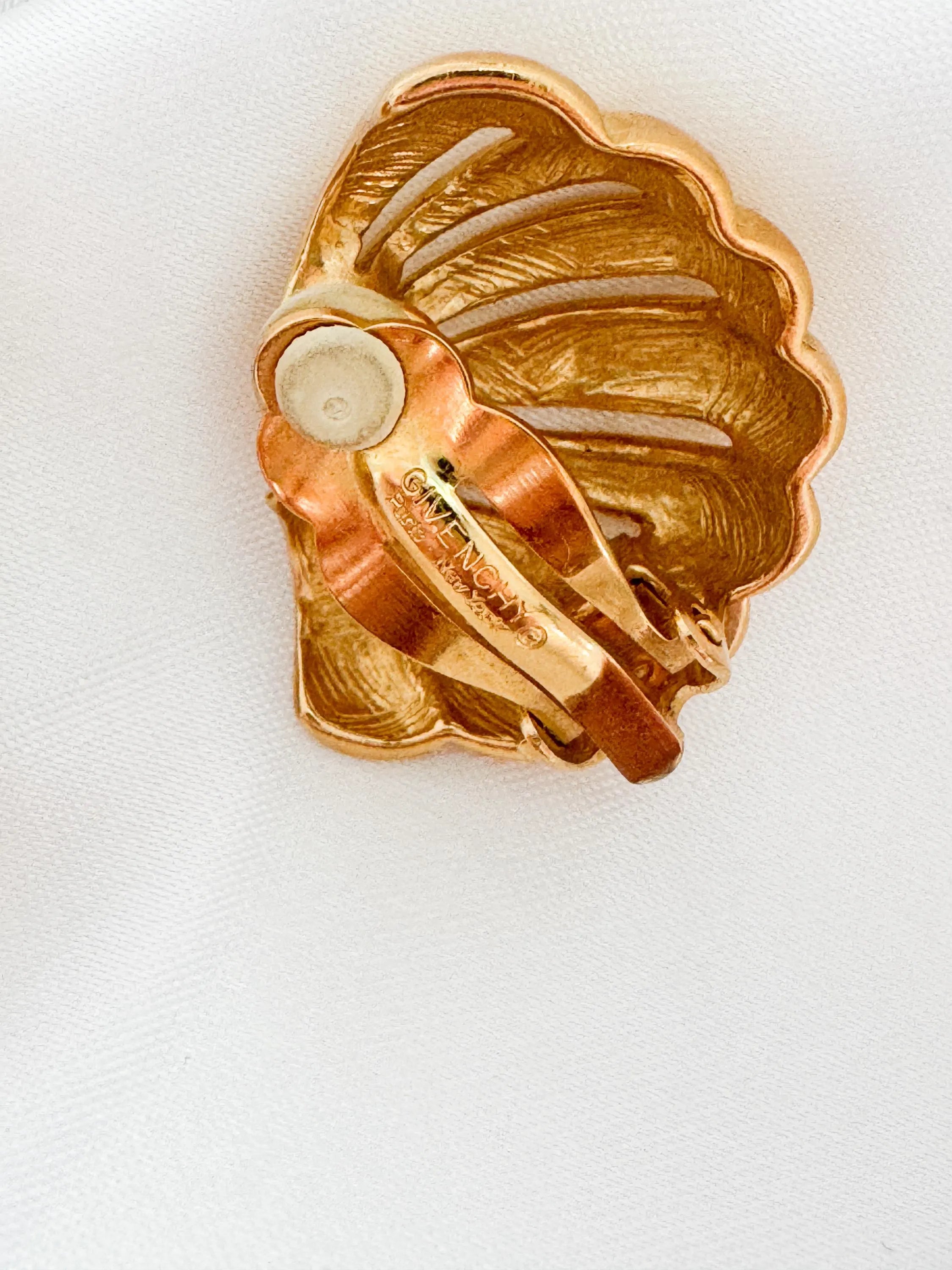 Vintage Givenchy Earrings, Gold Tone Earrings, Clip on Earrings Sea Shell Motif, Logo earrings , Gift for her, Vintage Earrings