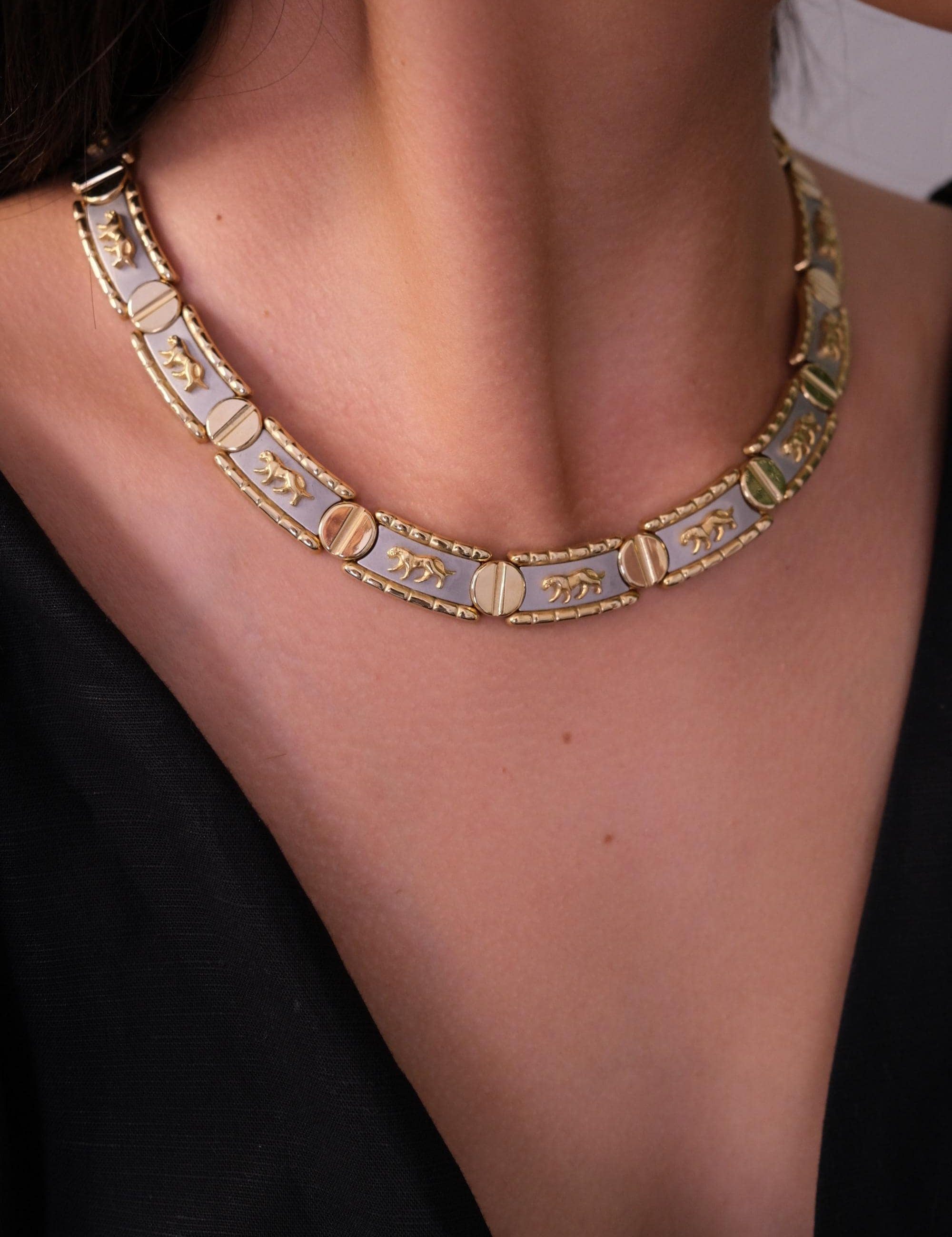 Vintage Gold & Silver Choker: Embossed Animal Motif, 42cm, Vintage Jewelry, Necklace Large, Wide silver chain choker, Modern Bridal Necklace, Birthday Gift for Her