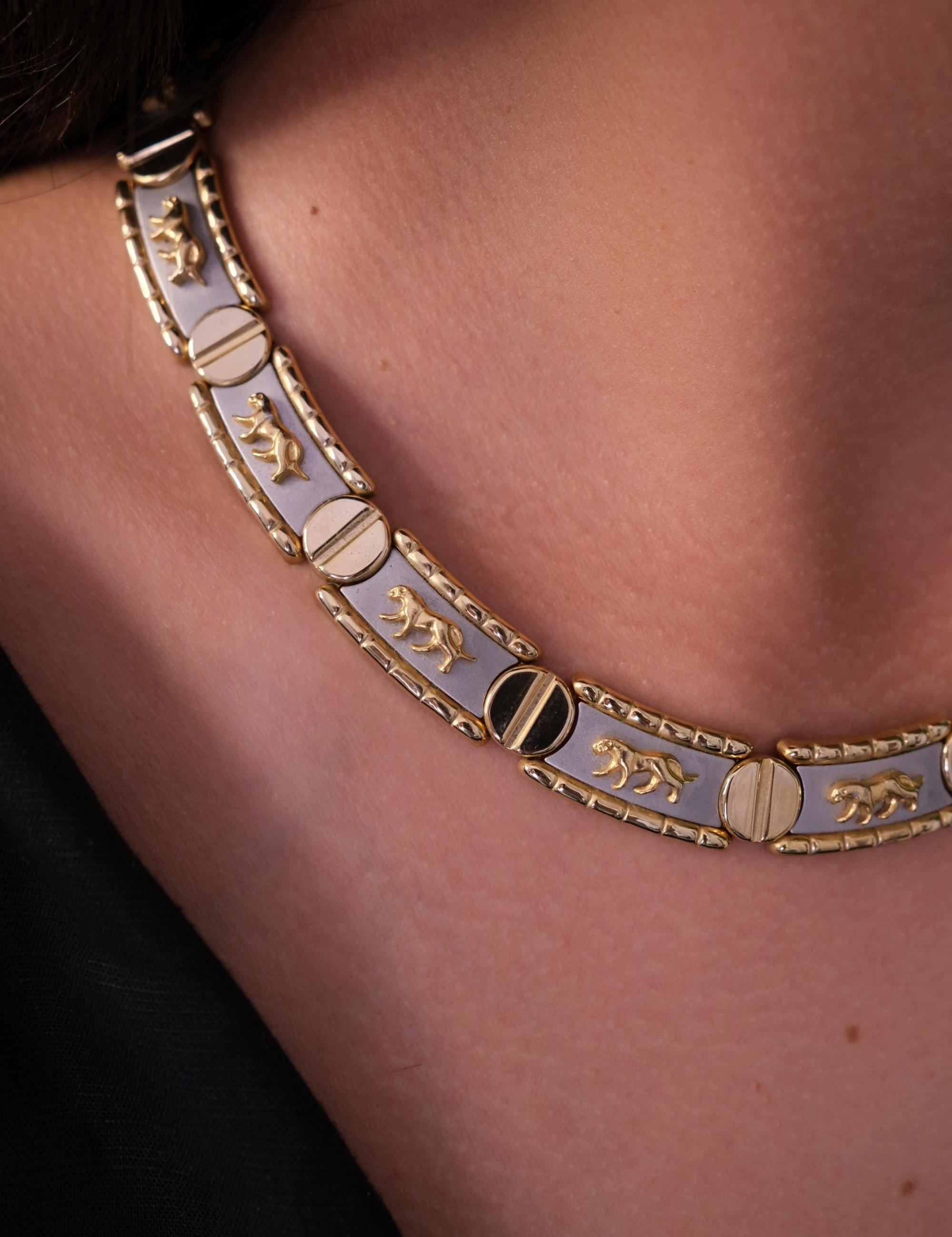 Vintage Gold & Silver Choker: Embossed Animal Motif, 42cm, Vintage Jewelry, Necklace Large, Wide silver chain choker, Modern Bridal Necklace, Birthday Gift for Her