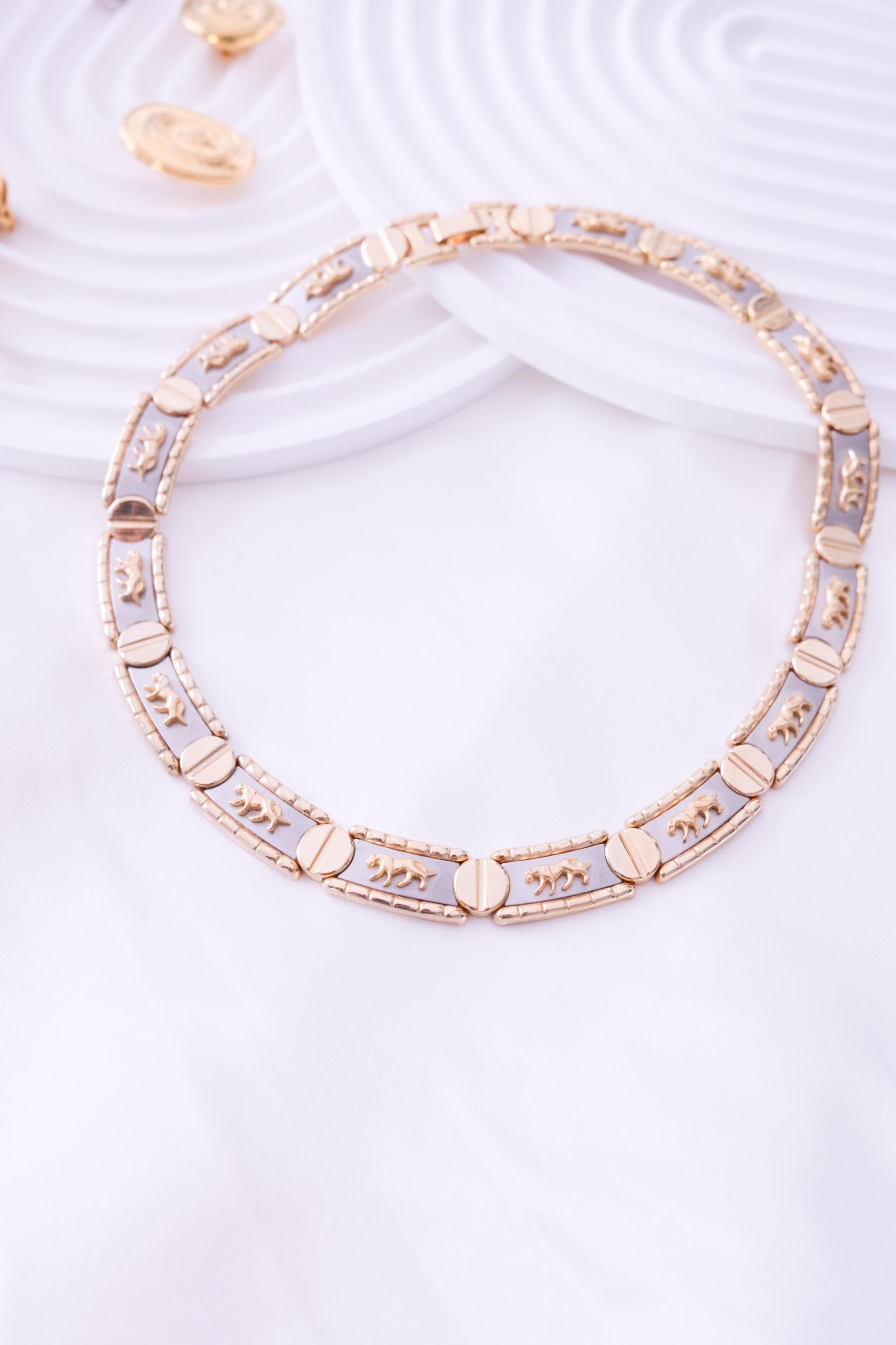 Vintage Gold & Silver Choker: Embossed Animal Motif, 42cm, Vintage Jewelry, Necklace Large, Wide silver chain choker, Modern Bridal Necklace, Birthday Gift for Her