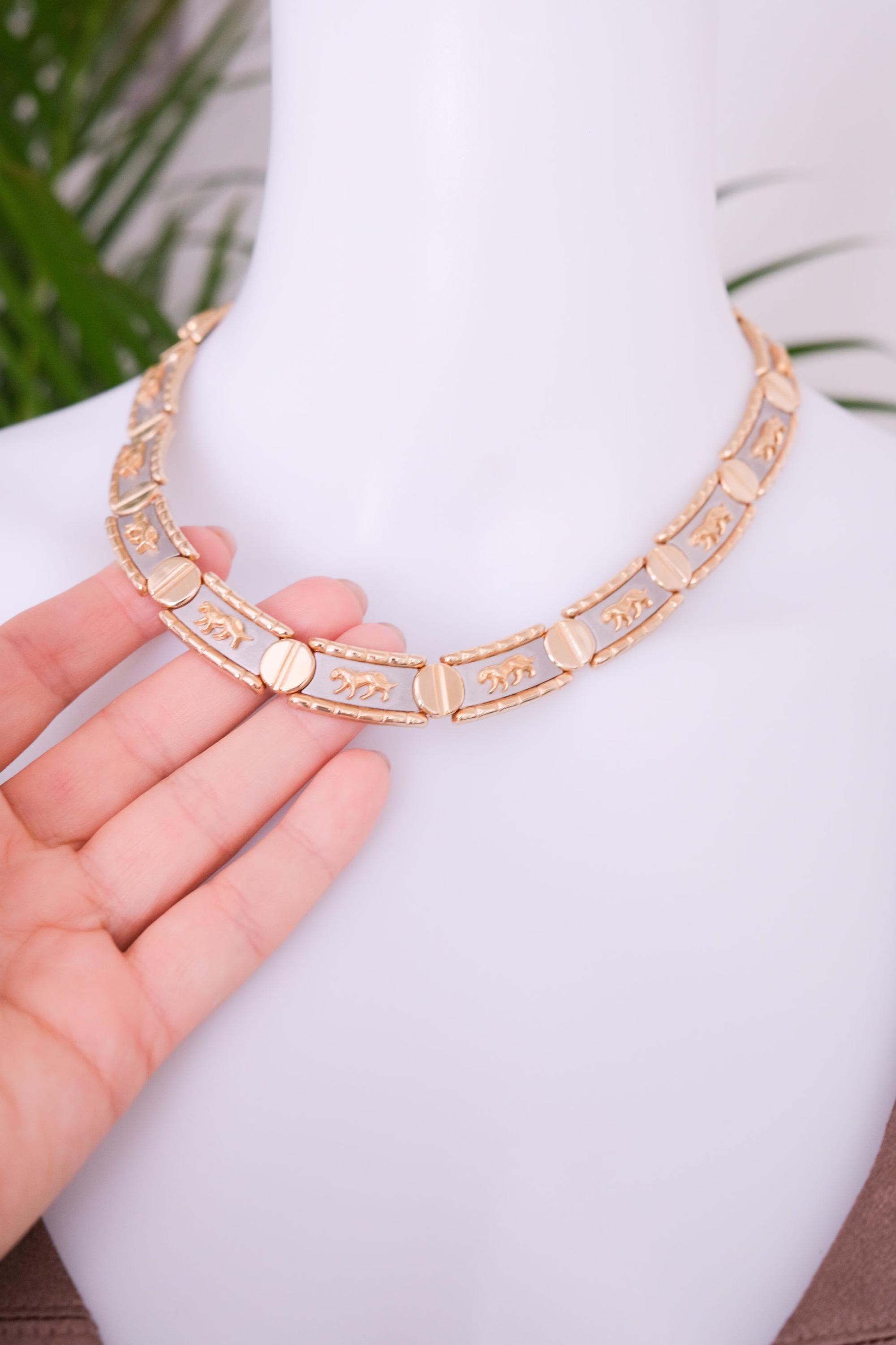 Vintage Gold & Silver Choker: Embossed Animal Motif, 42cm, Vintage Jewelry, Necklace Large, Wide silver chain choker, Modern Bridal Necklace, Birthday Gift for Her
