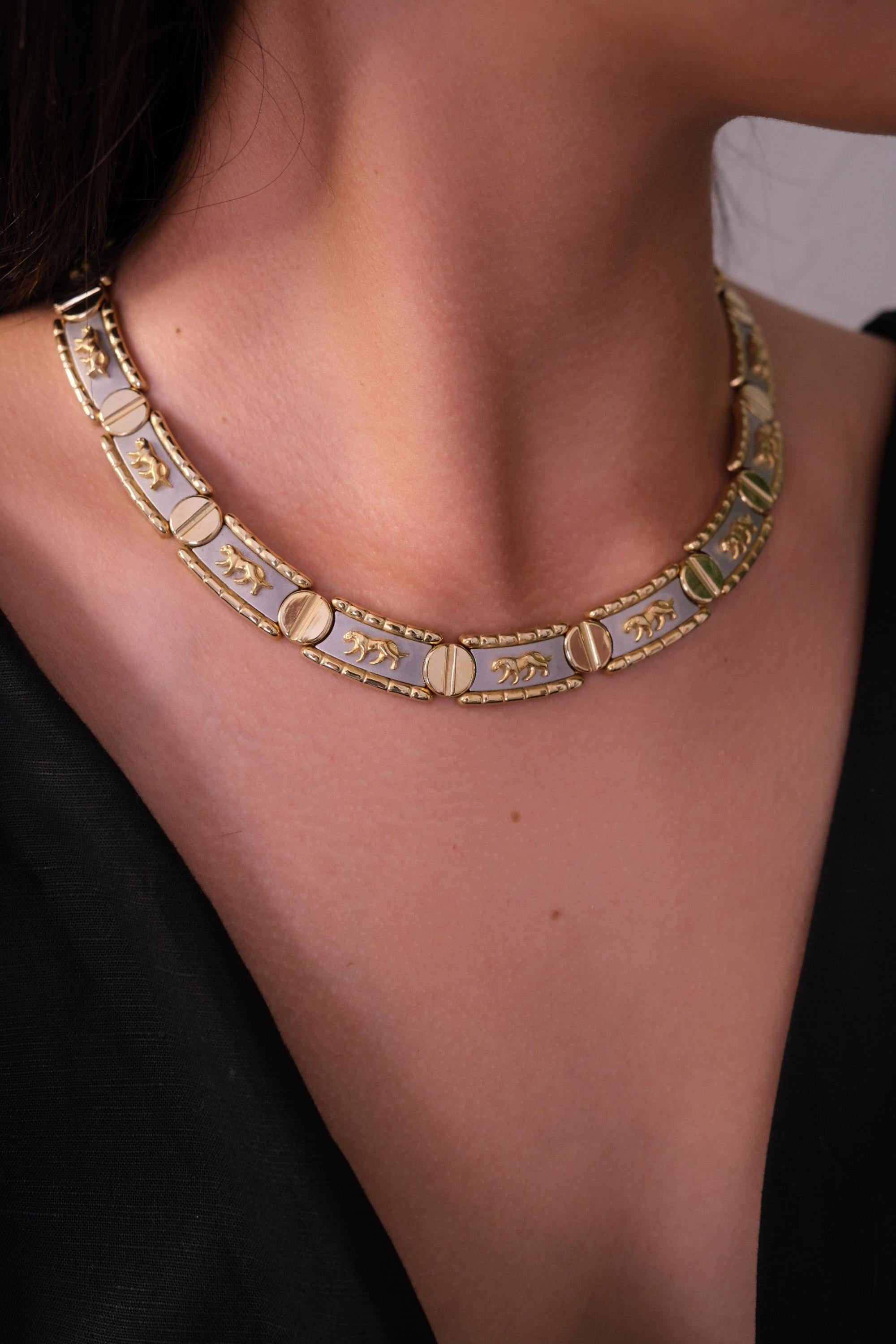 Vintage Gold & Silver Choker: Embossed Animal Motif, 42cm, Vintage Jewelry, Necklace Large, Wide silver chain choker, Modern Bridal Necklace, Birthday Gift for Her