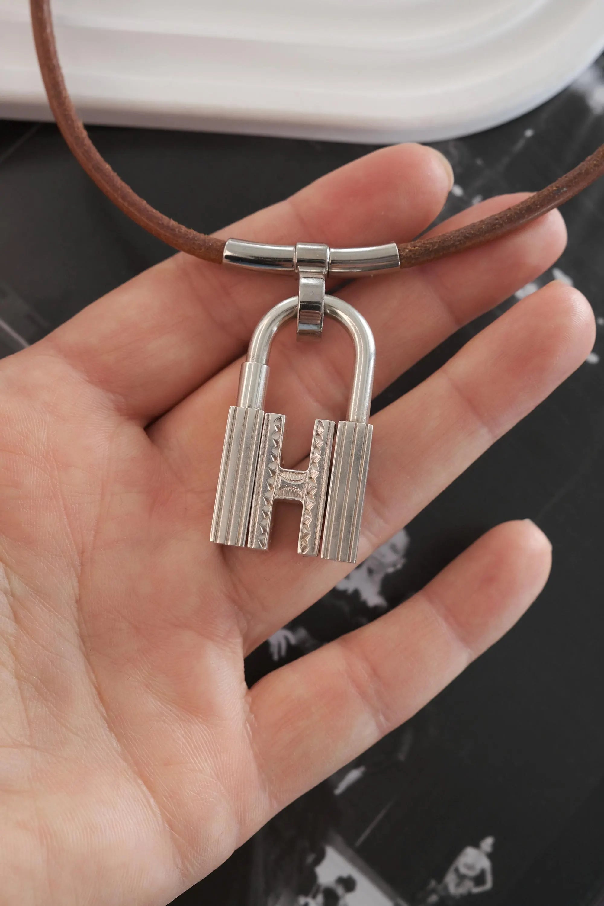 Vintage Hermes 1990-2000 H Touareg sterling silver 30g Cadena lock necklace, Hermes’ bag charm, Hermes’ necklace silver, Hermes’ sterling